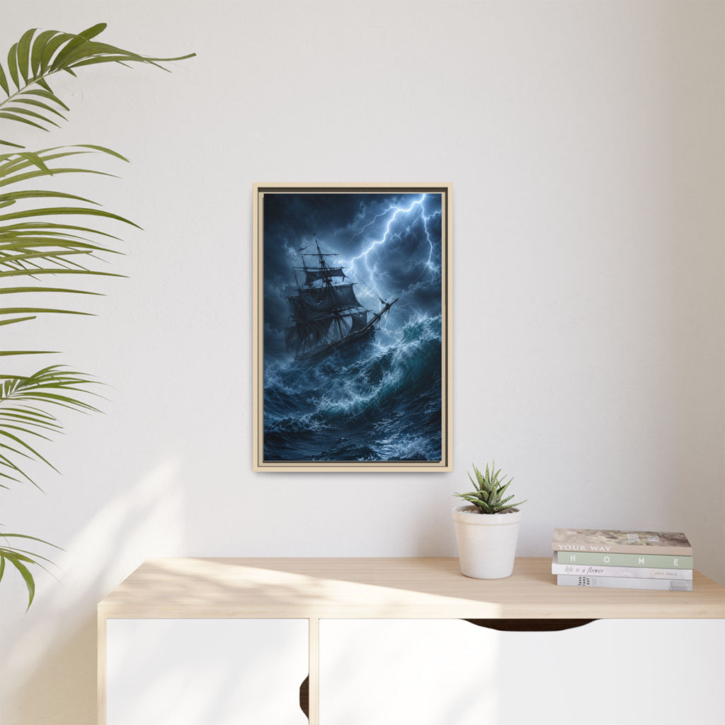 Stormy Seas Ship Painting — Framed Matte Canvas Wall Art