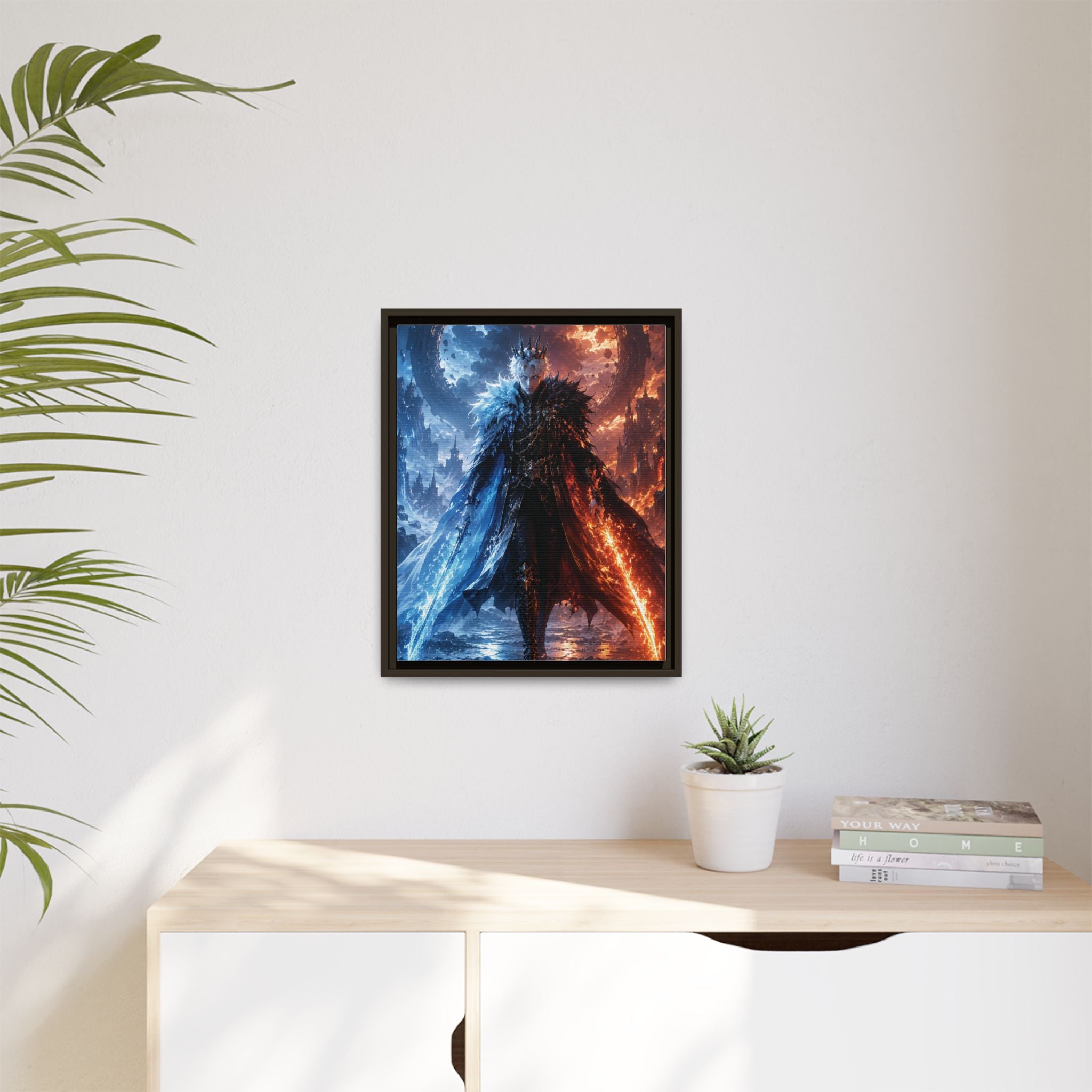 Framed Fantasy Canvas Print — Ice vs Fire Dark Knight Wall Art