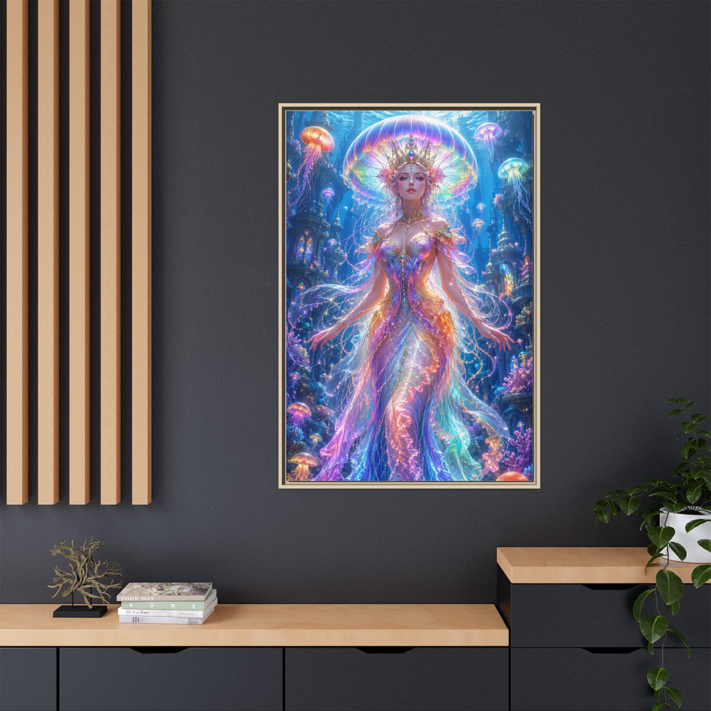 Jellyfish Queen Framed Canvas Art — Vibrant Mermaid Goddess Wall Print