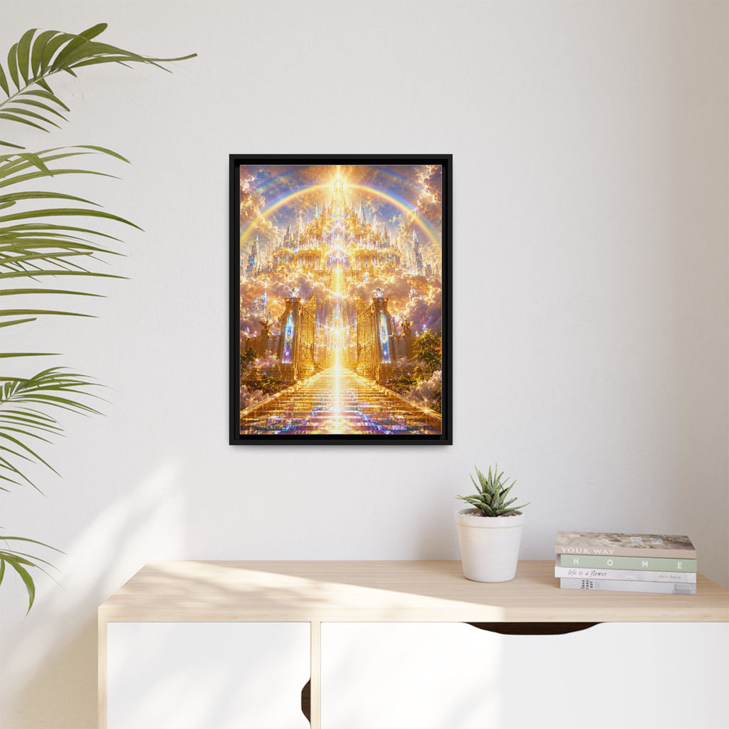 Heavenly Gateway Matte Framed Canvas — Golden Rainbow Spiritual Wall Art