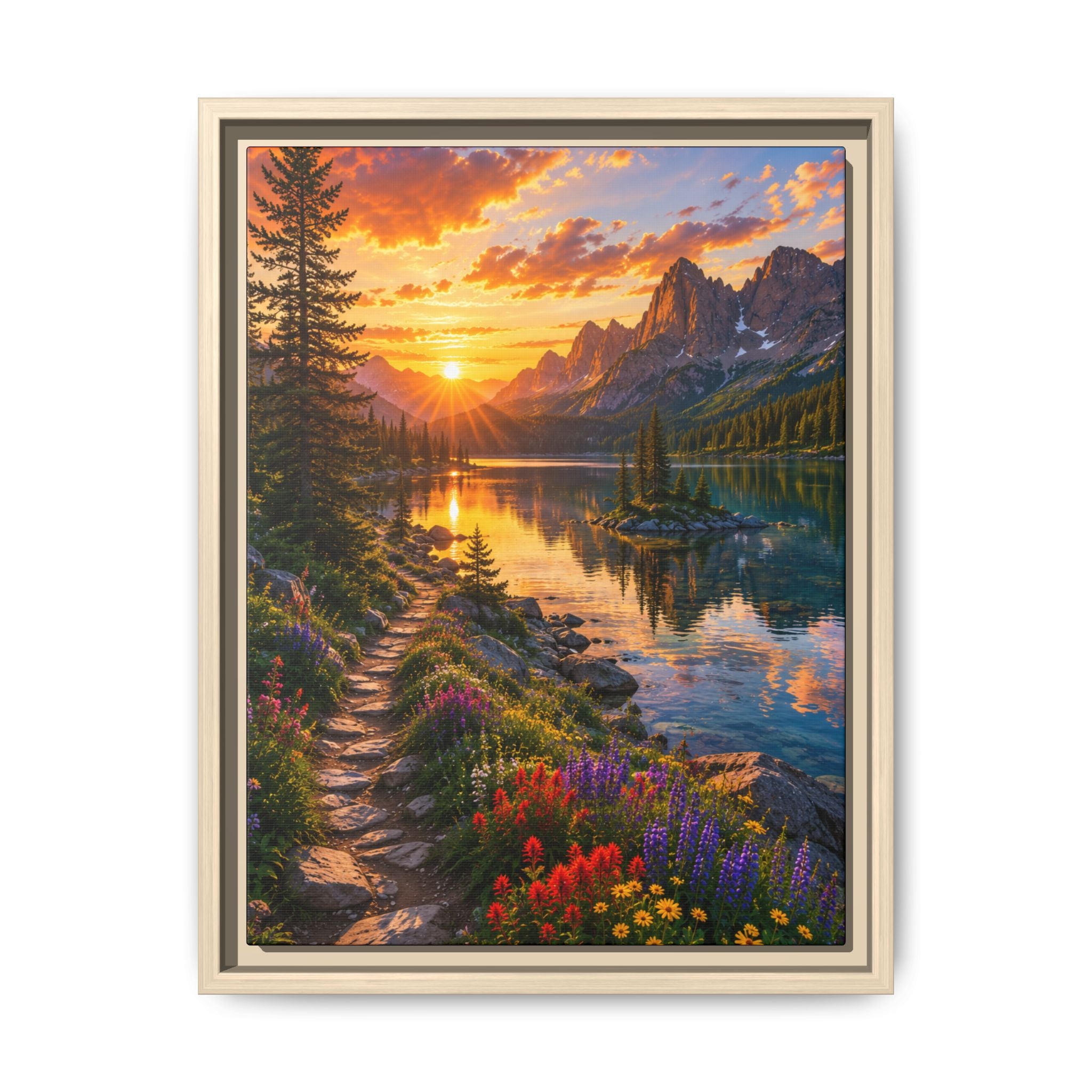 Framed Framed Canvas Print — Sunset Mountain Lake with Wildflower Trail