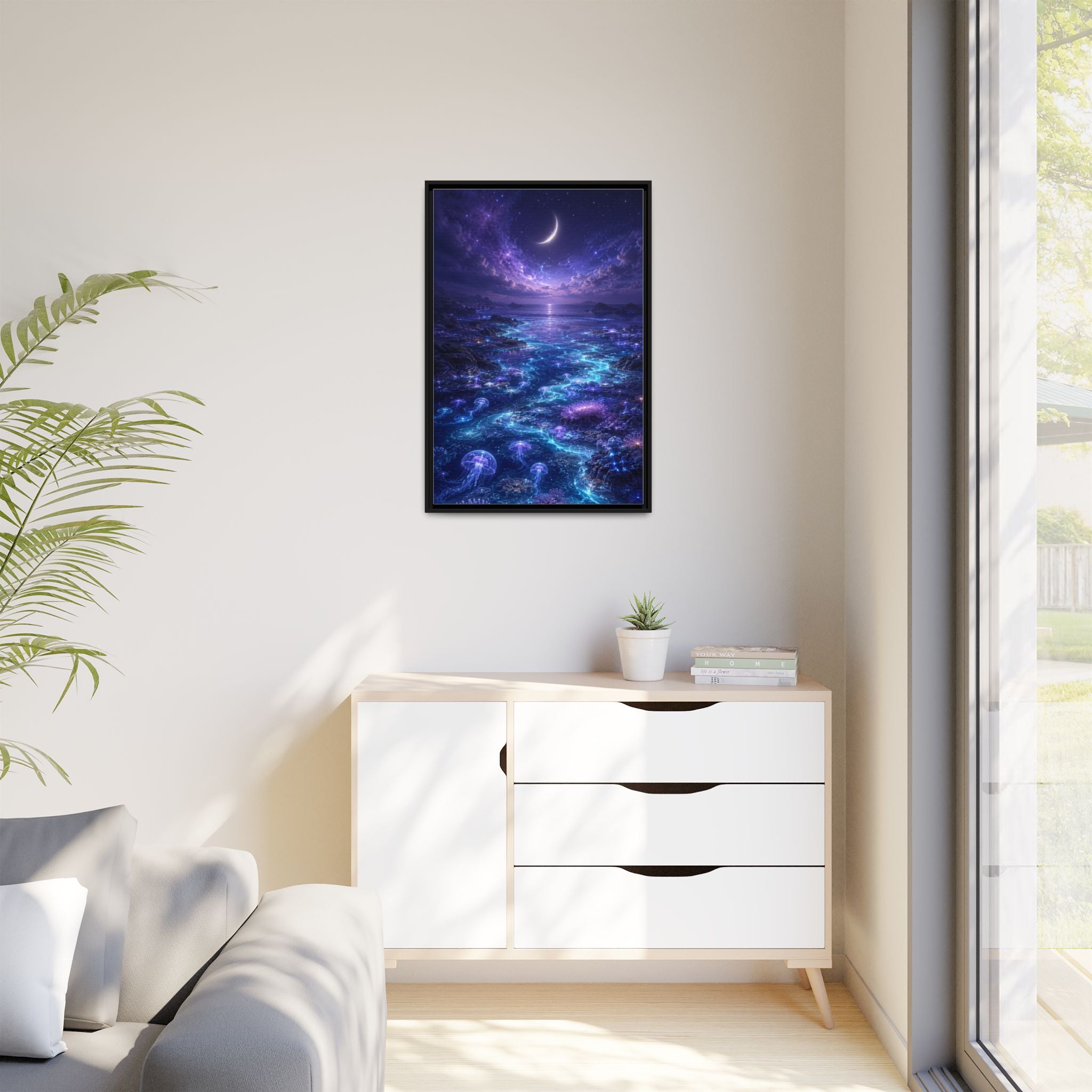 Framed Canvas Art — Bioluminescent Moonlit Ocean Scene