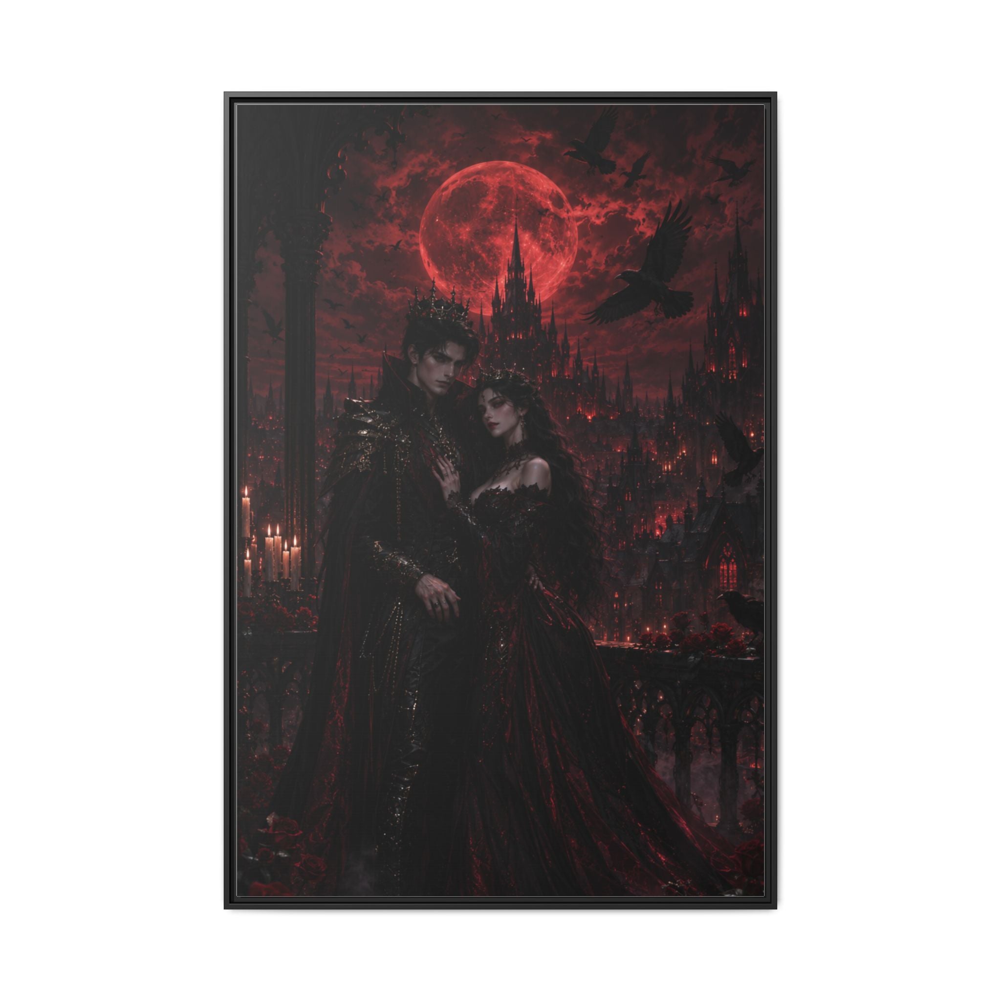 Vampire Lovers Matte Framed Canvas — Gothic Red Moon Wall Art