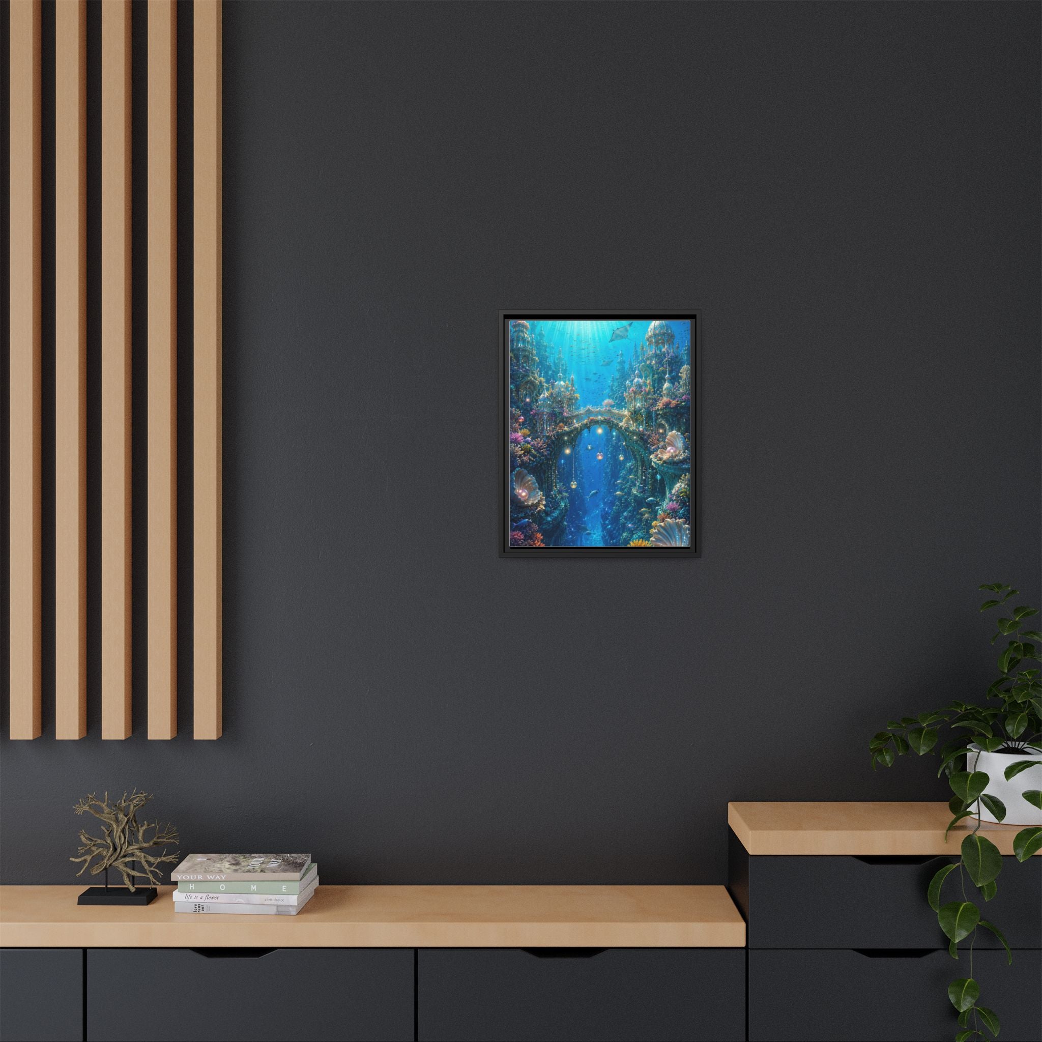 Underwater Fantasy Matte Canvas Framed Print — Ocean City Coral Reef Wall Art