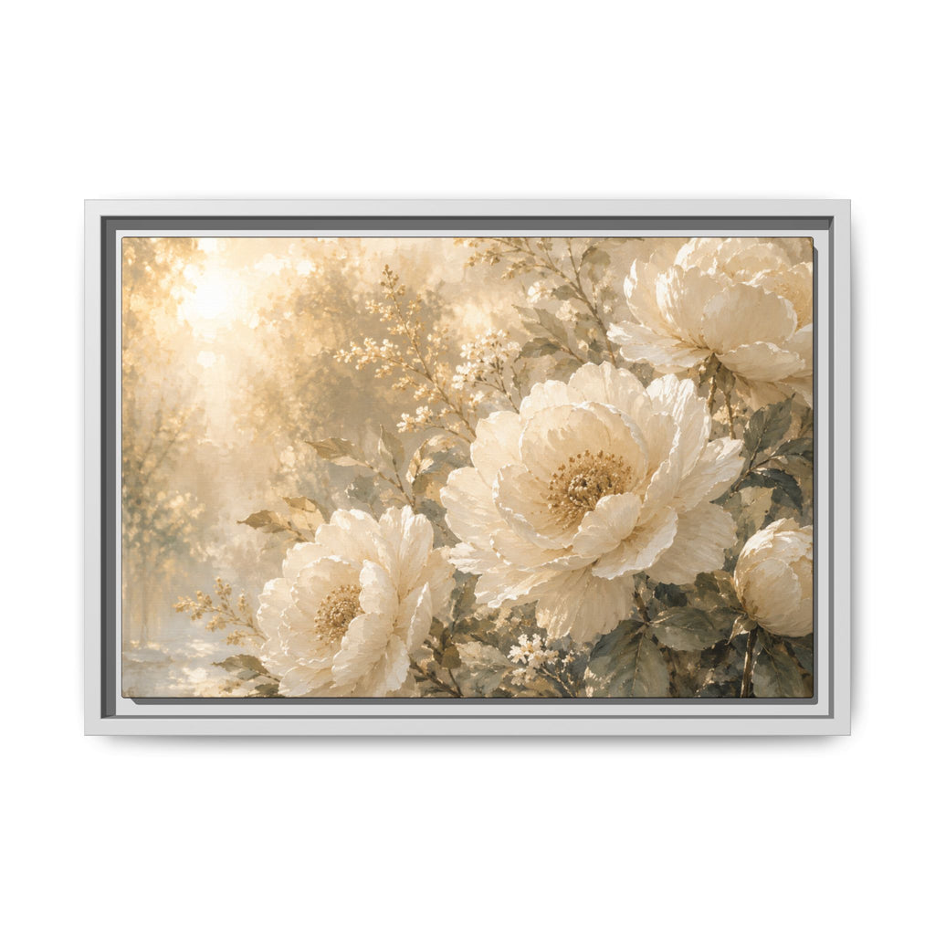 Framed Floral Canvas Wall Art – Vintage Cream Peony Matte Print