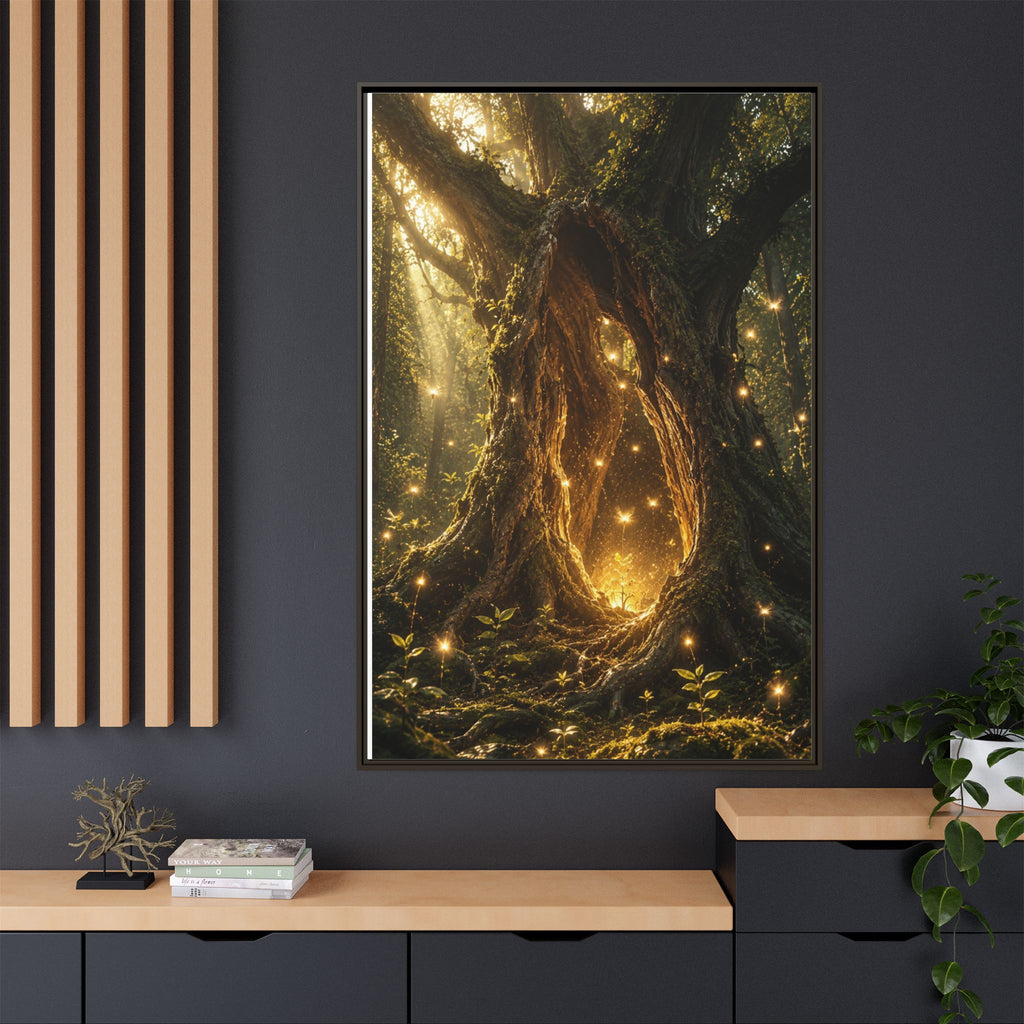 Framed Canvas Art - Enchanted Forest Tree with Glowing Fireflies