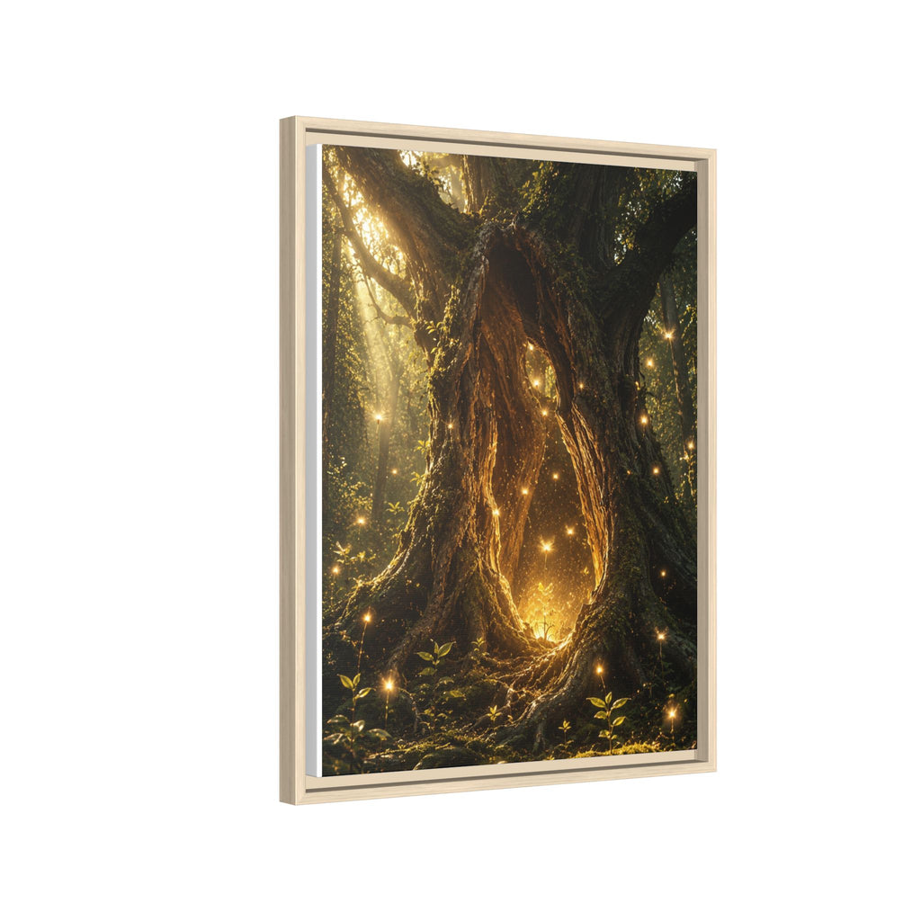 Framed Canvas Art - Enchanted Forest Tree with Glowing Fireflies
