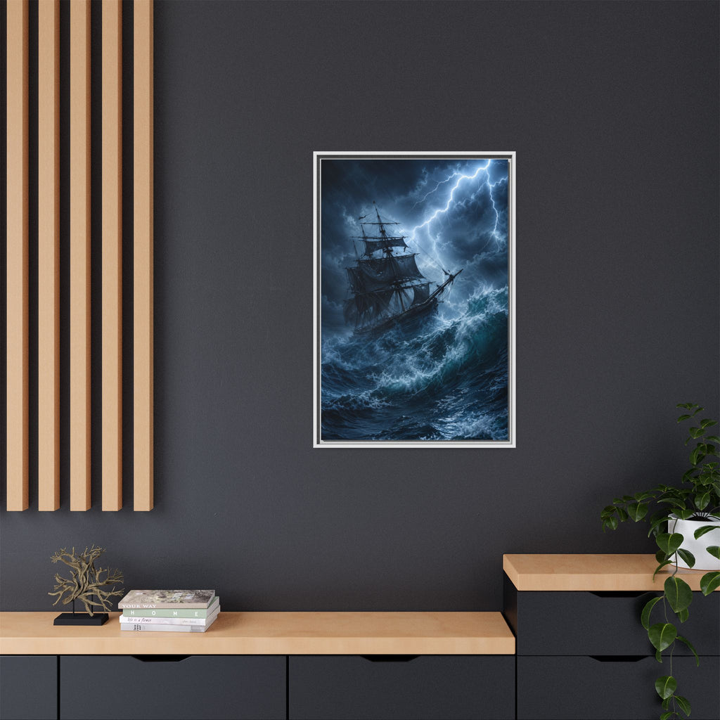 Stormy Seas Ship Painting — Framed Matte Canvas Wall Art