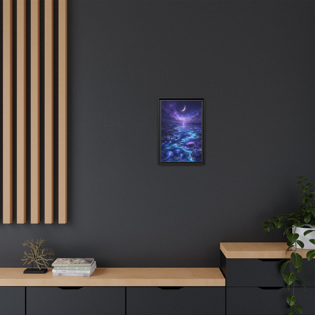 Framed Canvas Art — Bioluminescent Moonlit Ocean Scene