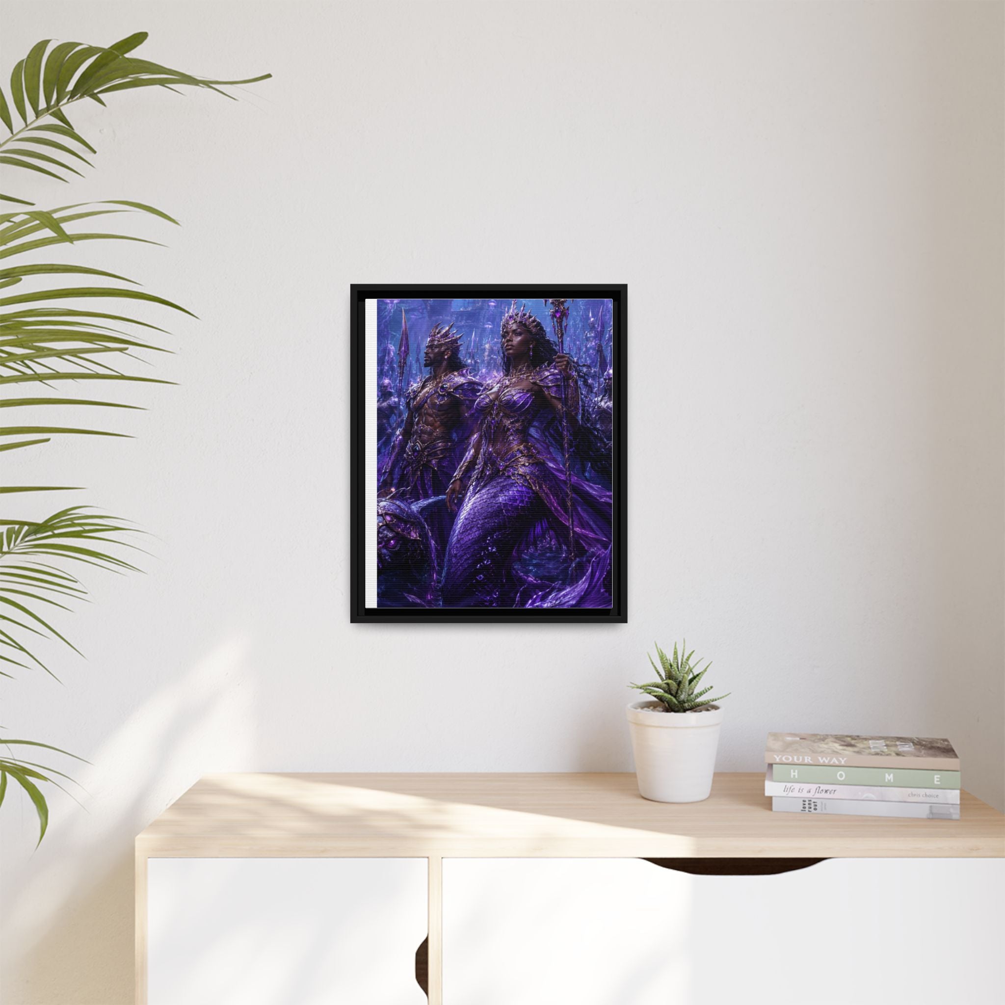 Framed Matte Canvas Print — Regal Underwater Merfolk Royalty (Purple)