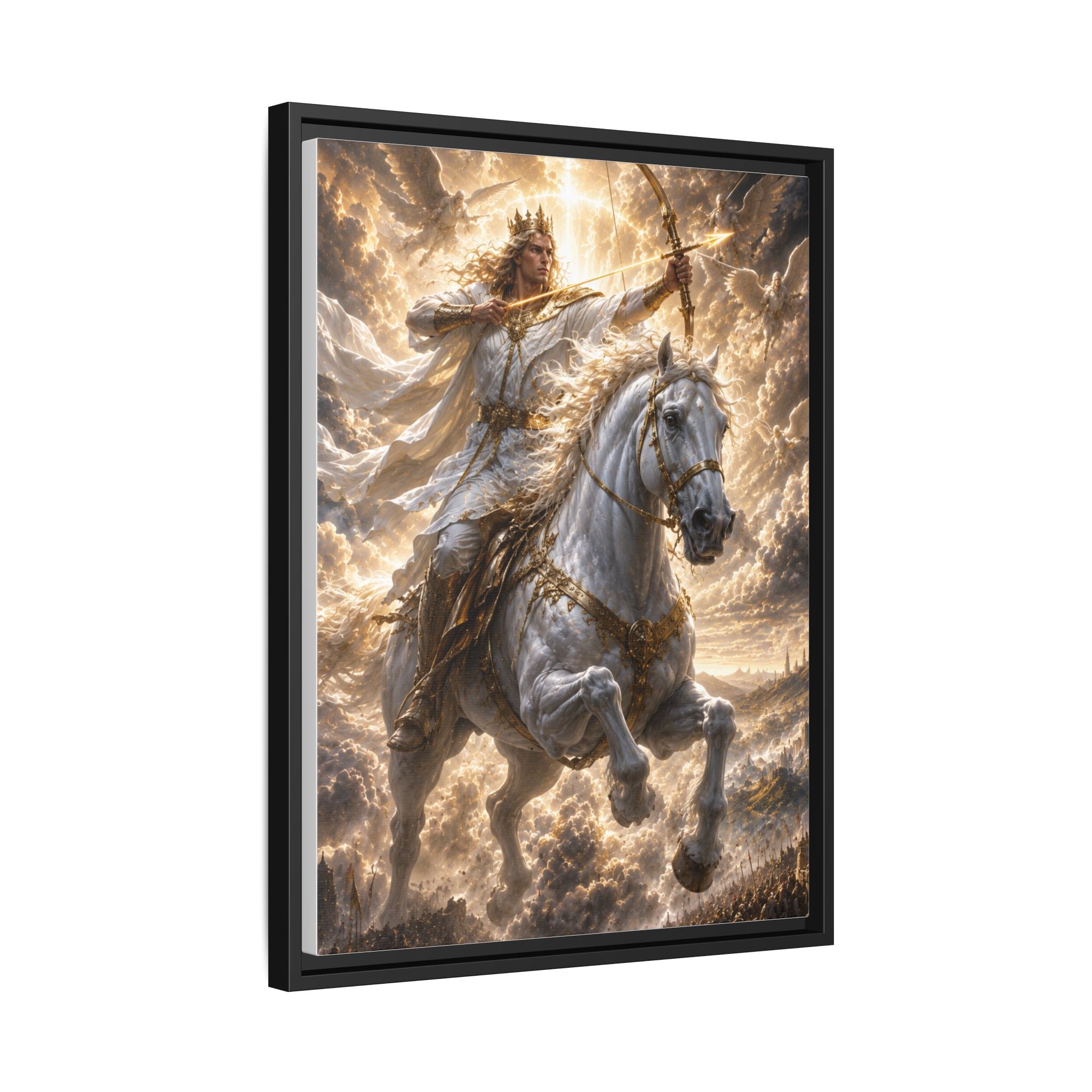 Mythic Warrior on White Steed — Framed Matte Canvas Wall Art