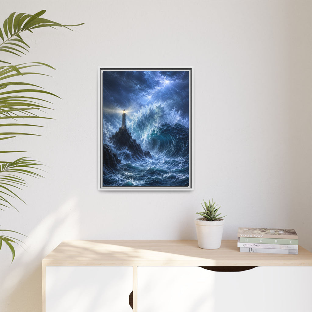 Framed Matte Canvas – Stormy Lighthouse Ocean Print