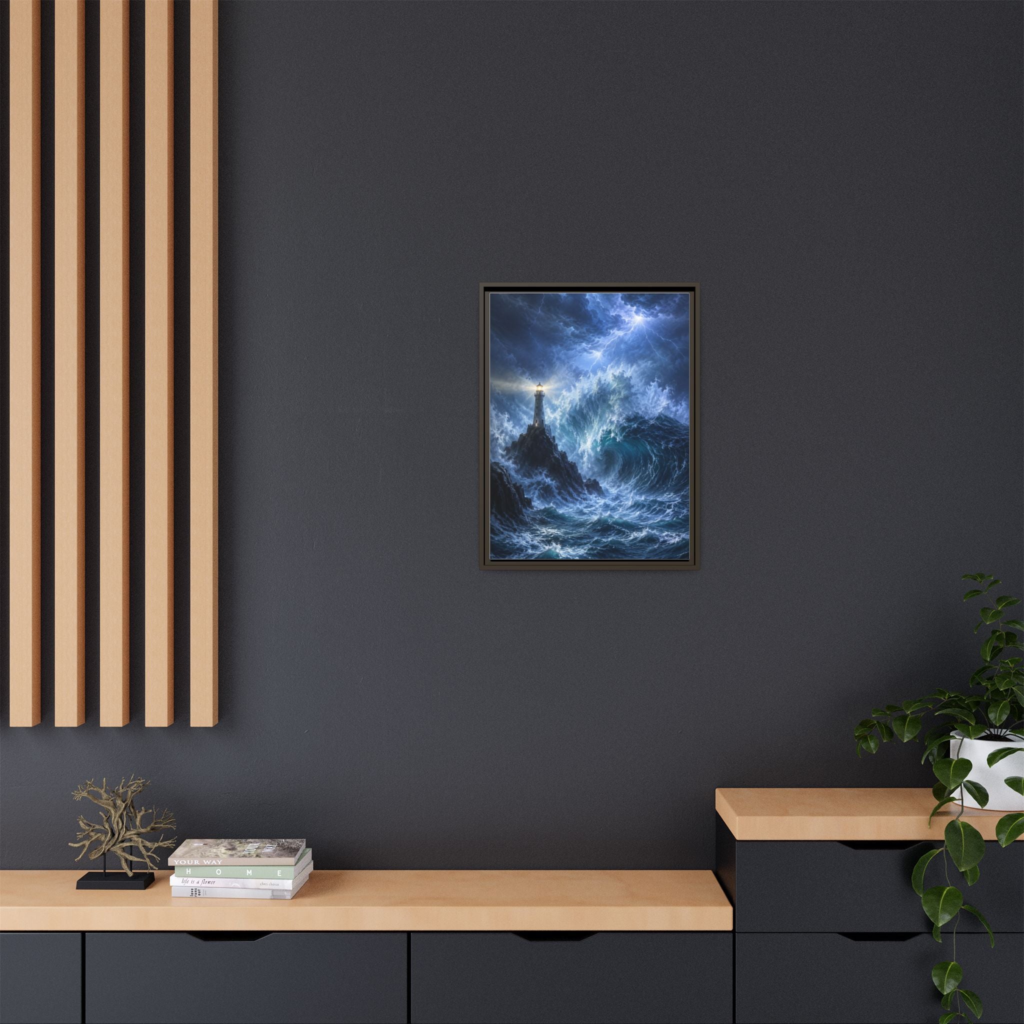 Framed Matte Canvas – Stormy Lighthouse Ocean Print