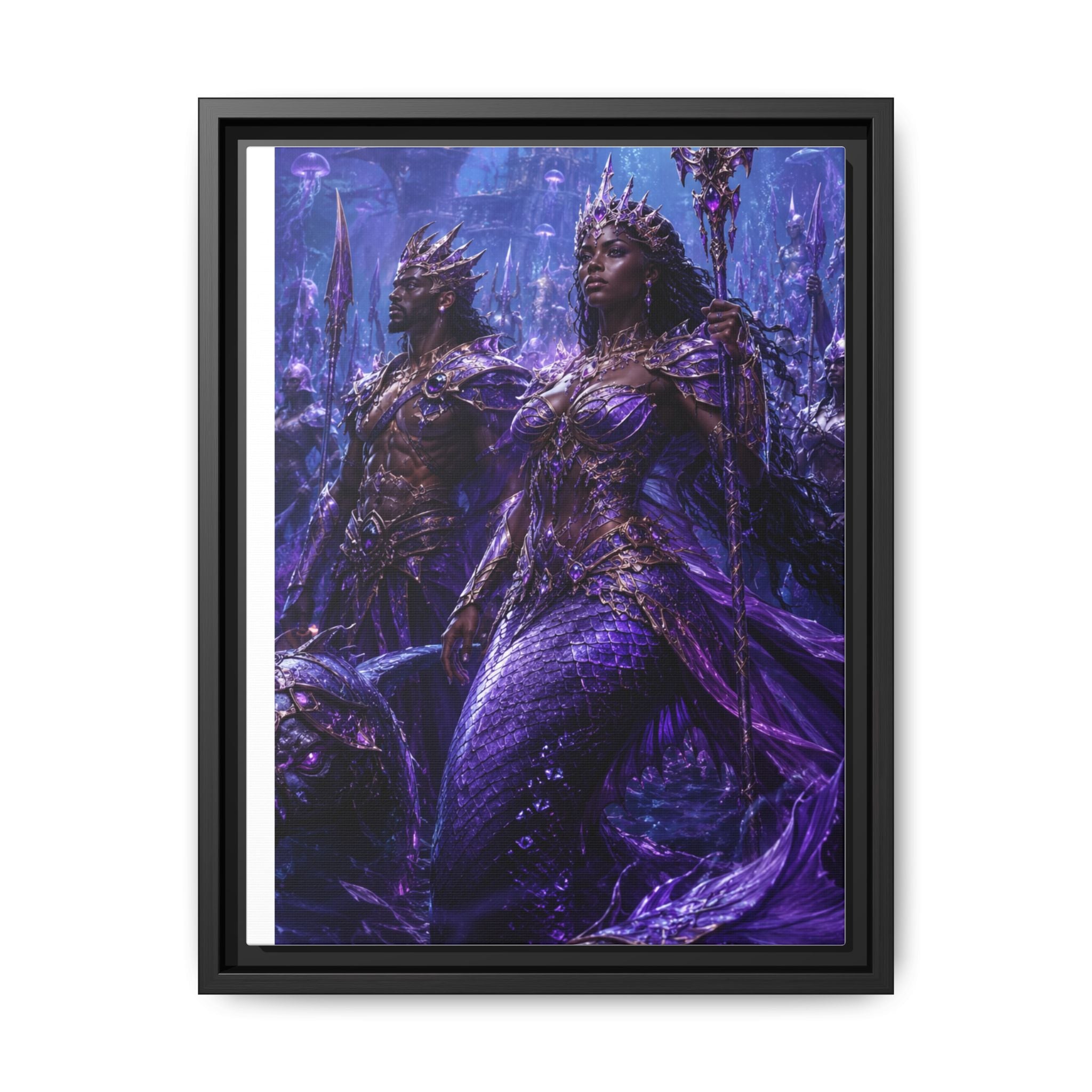 Framed Matte Canvas Print — Regal Underwater Merfolk Royalty (Purple)
