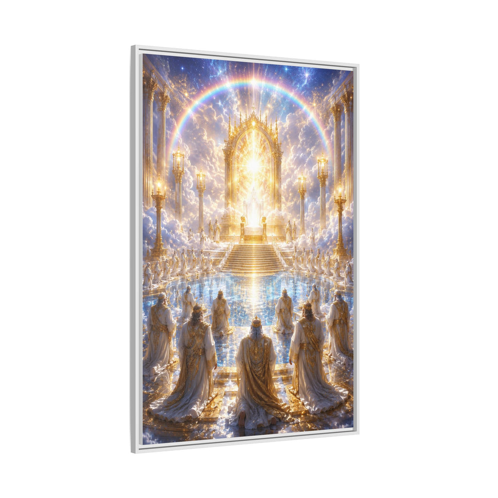 Heavenly Throne Room Matte Framed Canvas — Golden Angelic Realm Wall Art