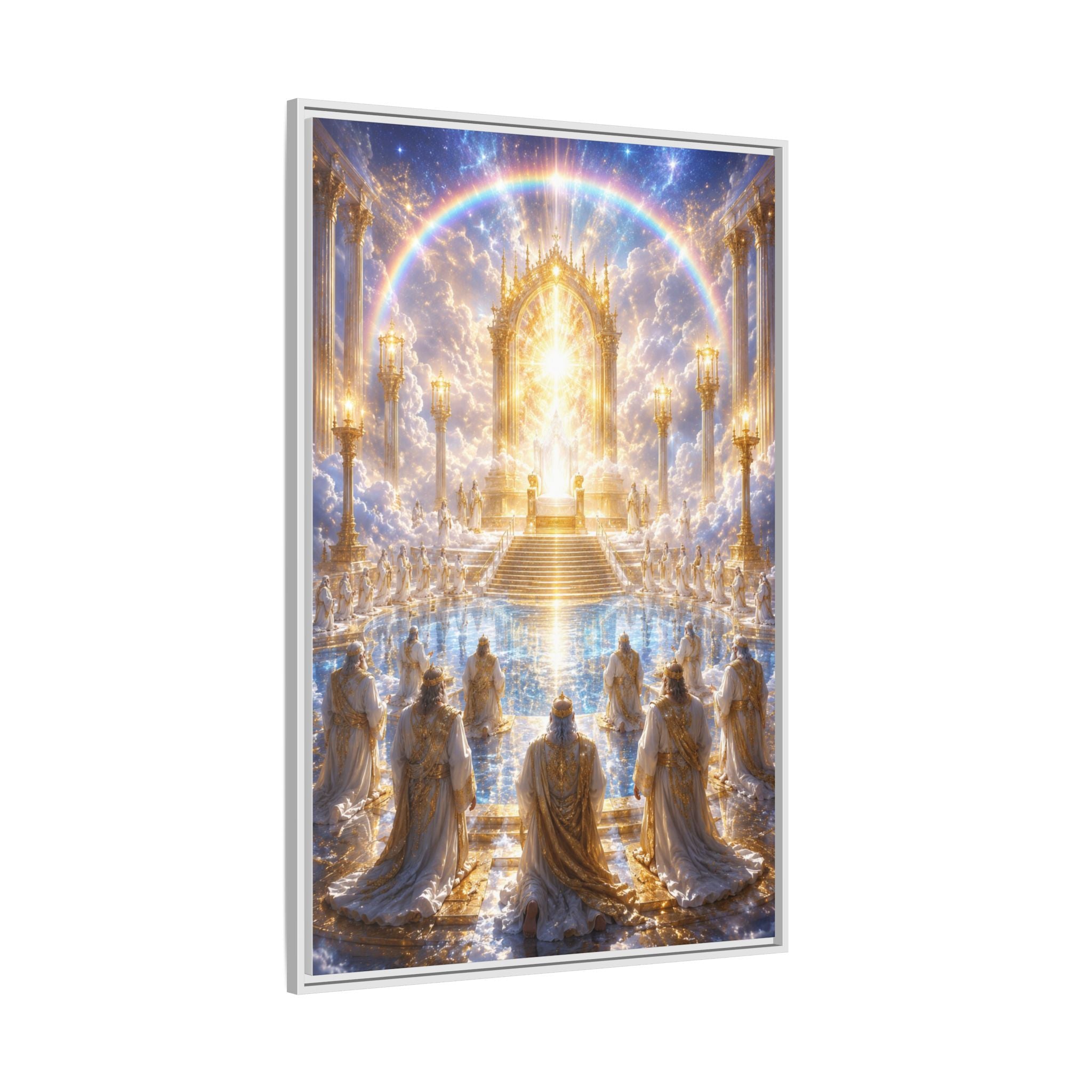 Heavenly Throne Room Matte Framed Canvas — Golden Angelic Realm Wall Art