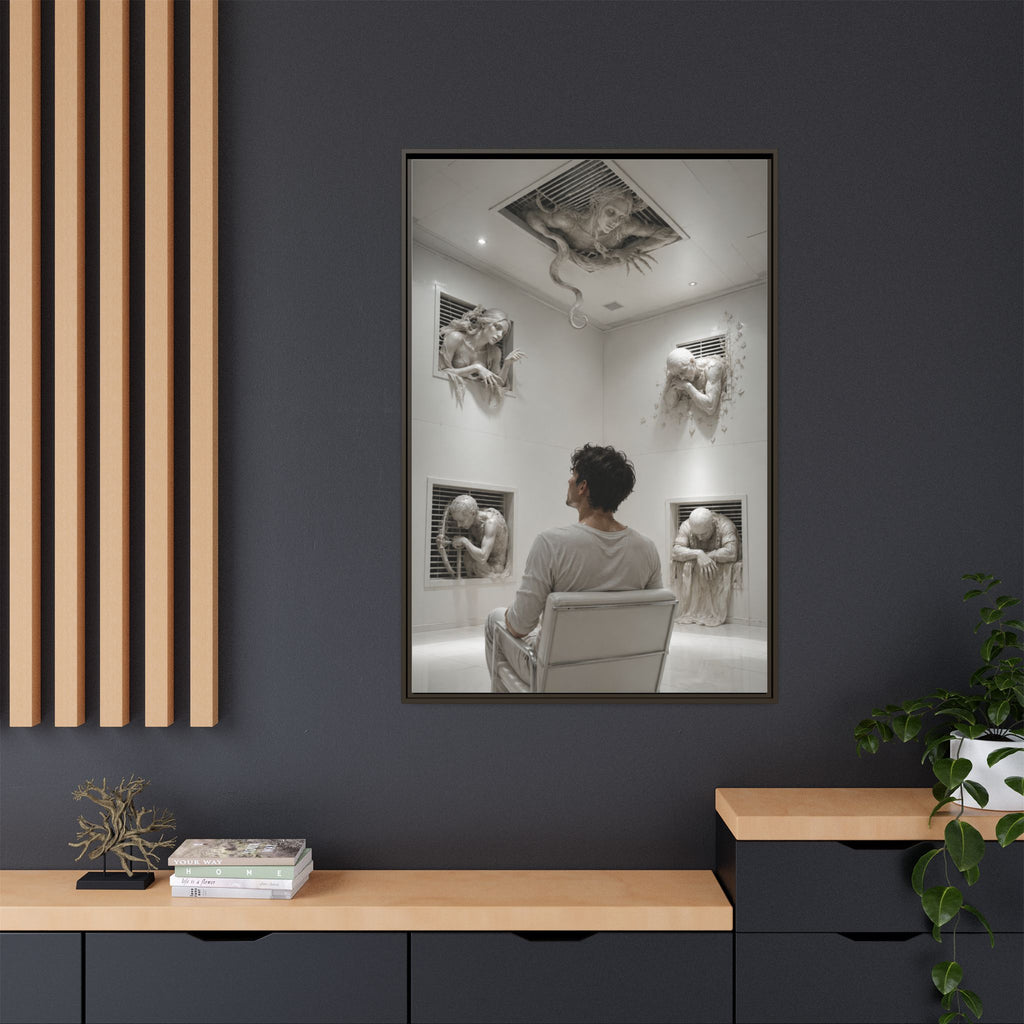 Surreal Wall Art Canvas — Man in Gallery with Sculpted Figures, Framed Matte Print