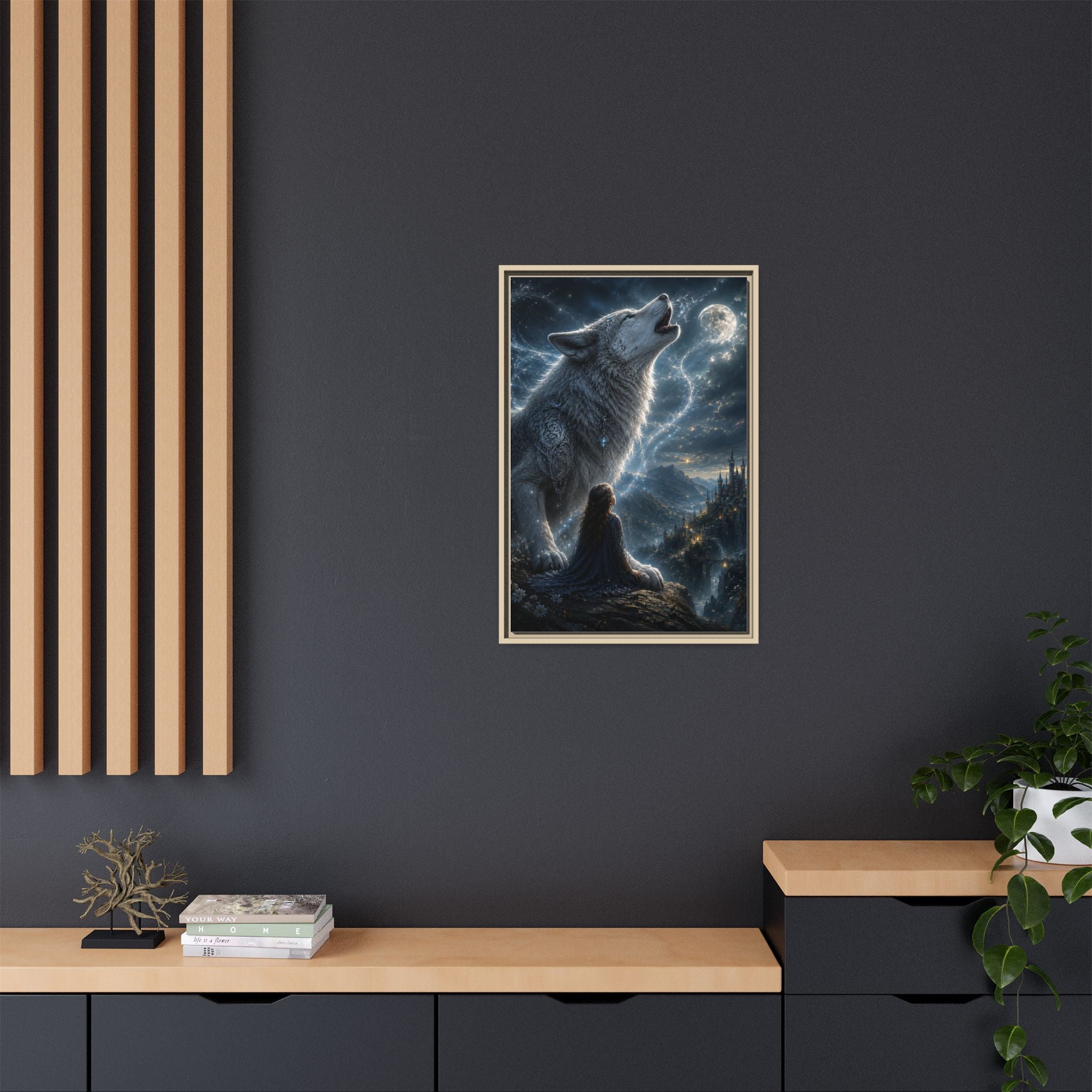 Howling Wolf Moon Matte Canvas Print — Framed Fantasy Wall Art