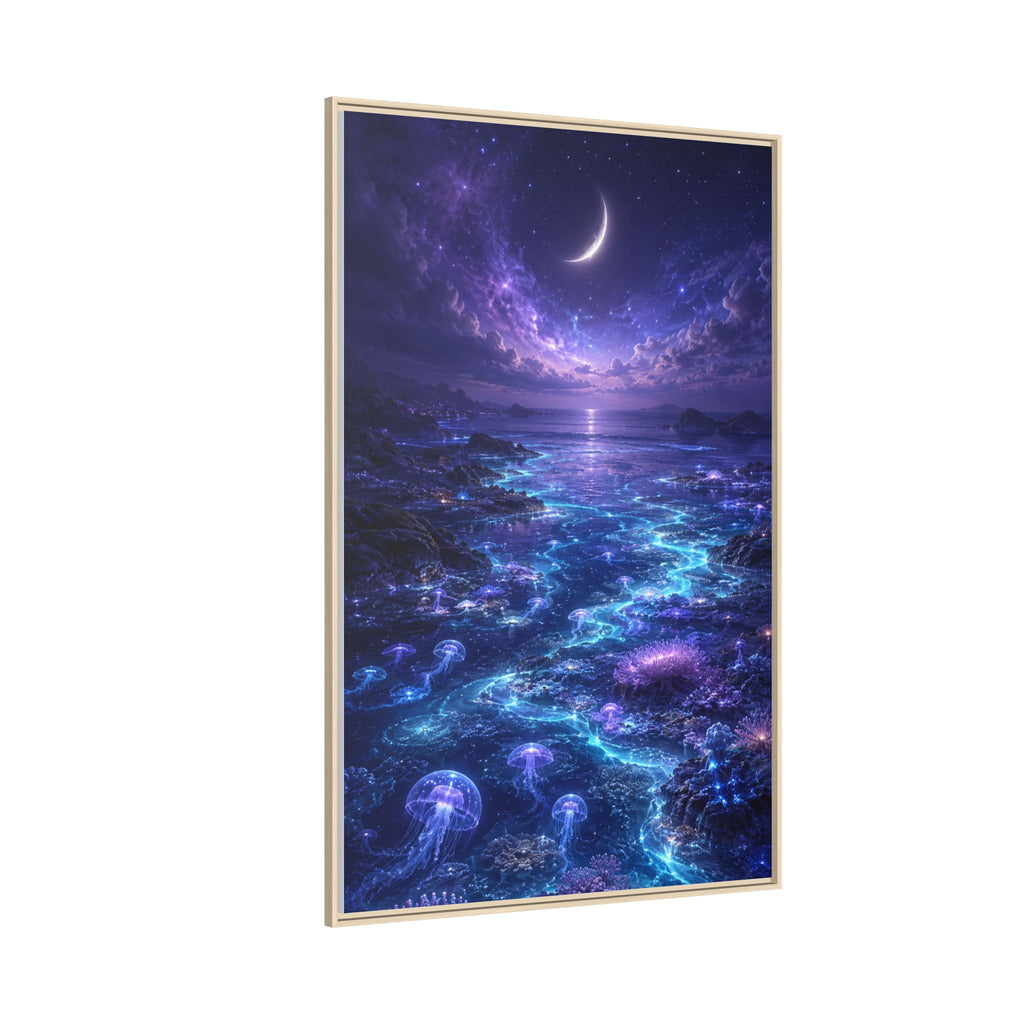 Framed Canvas Art — Bioluminescent Moonlit Ocean Scene