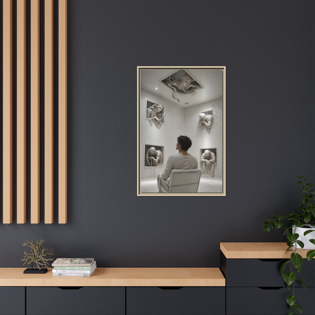 Surreal Wall Art Canvas — Man in Gallery with Sculpted Figures, Framed Matte Print