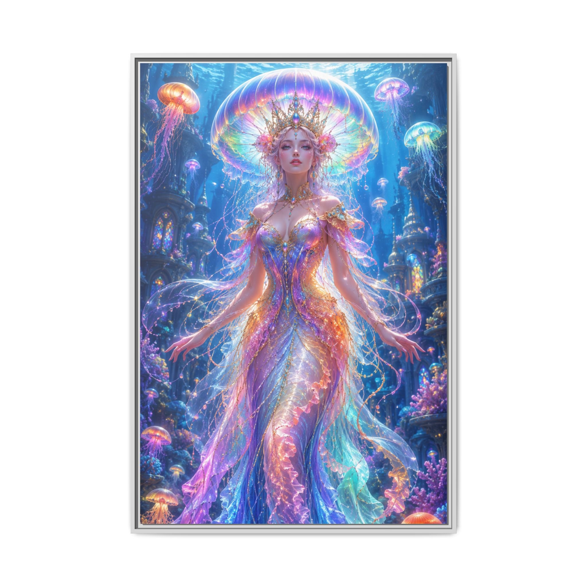 Jellyfish Queen Framed Canvas Art — Vibrant Mermaid Goddess Wall Print