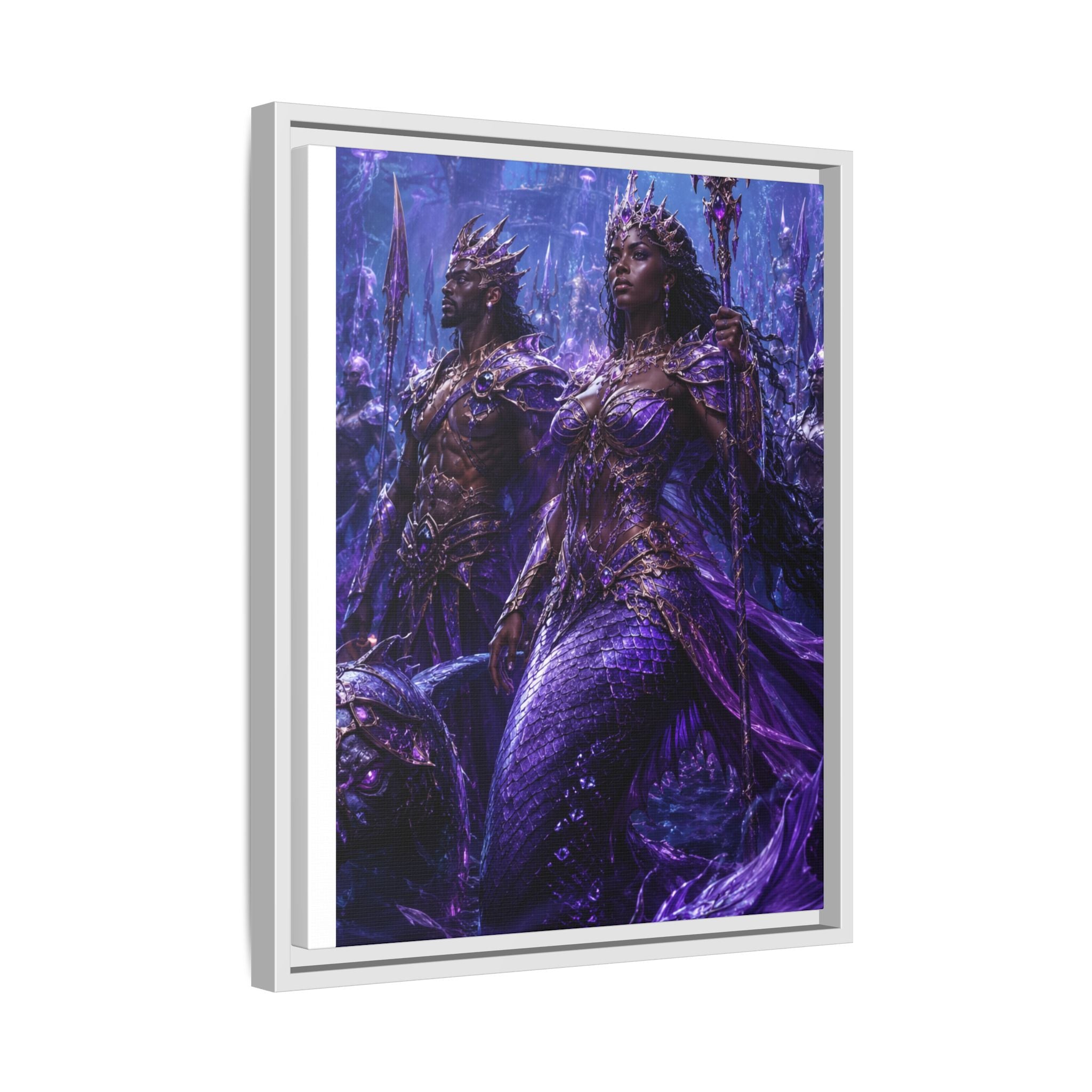 Framed Matte Canvas Print — Regal Underwater Merfolk Royalty (Purple)