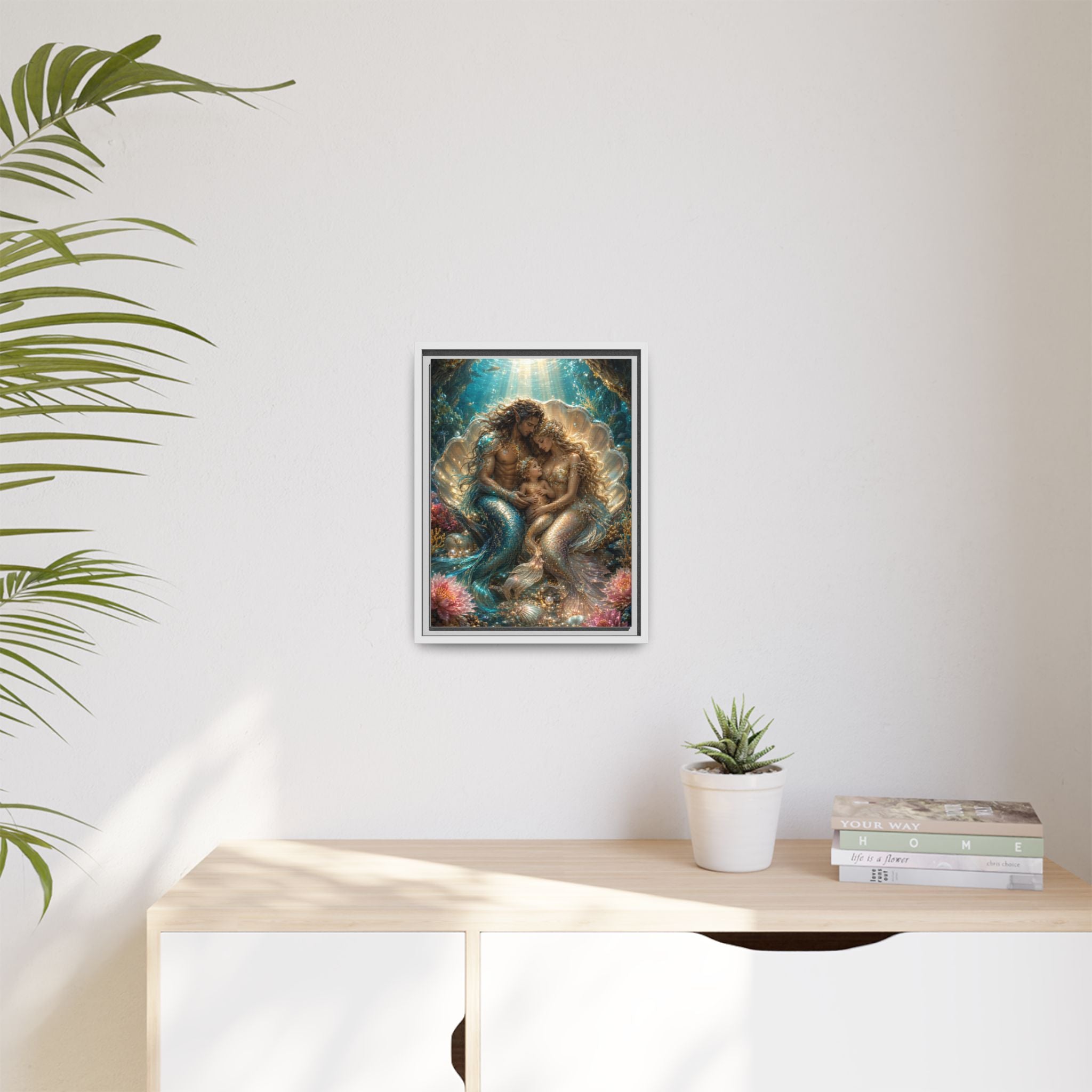 Framed Mermaid Family Art Print — Oceanic Fantasy Canvas Wall Decor