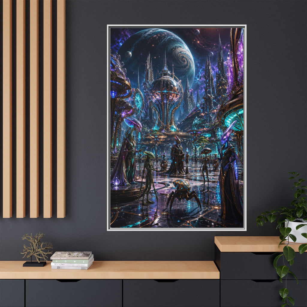 Framed Matte Canvas - Neon Sci‑Fi Cityscape Wall Art