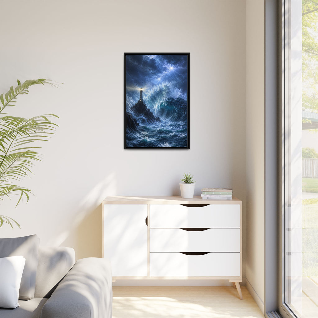 Framed Matte Canvas – Stormy Lighthouse Ocean Print