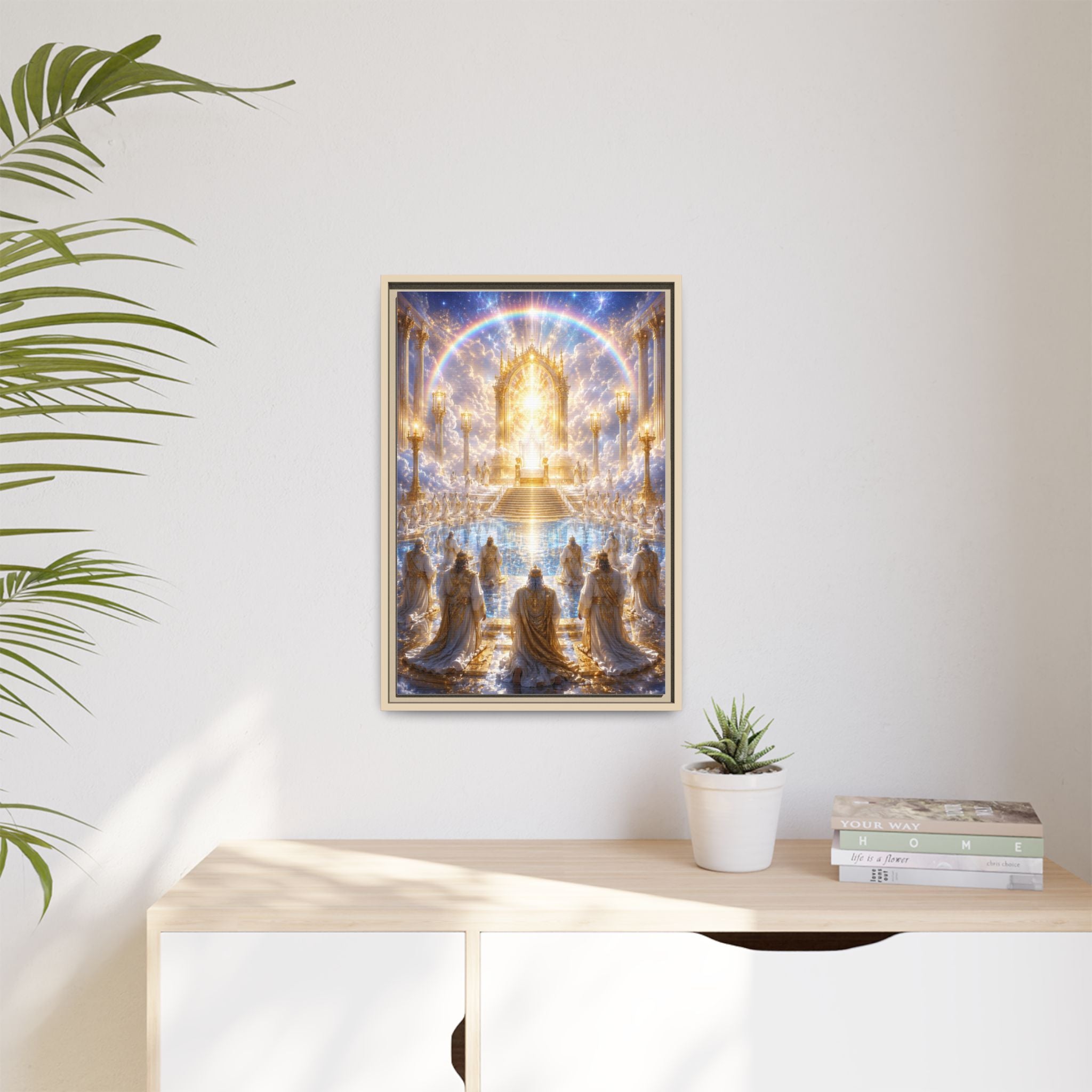 Heavenly Throne Room Matte Framed Canvas — Golden Angelic Realm Wall Art