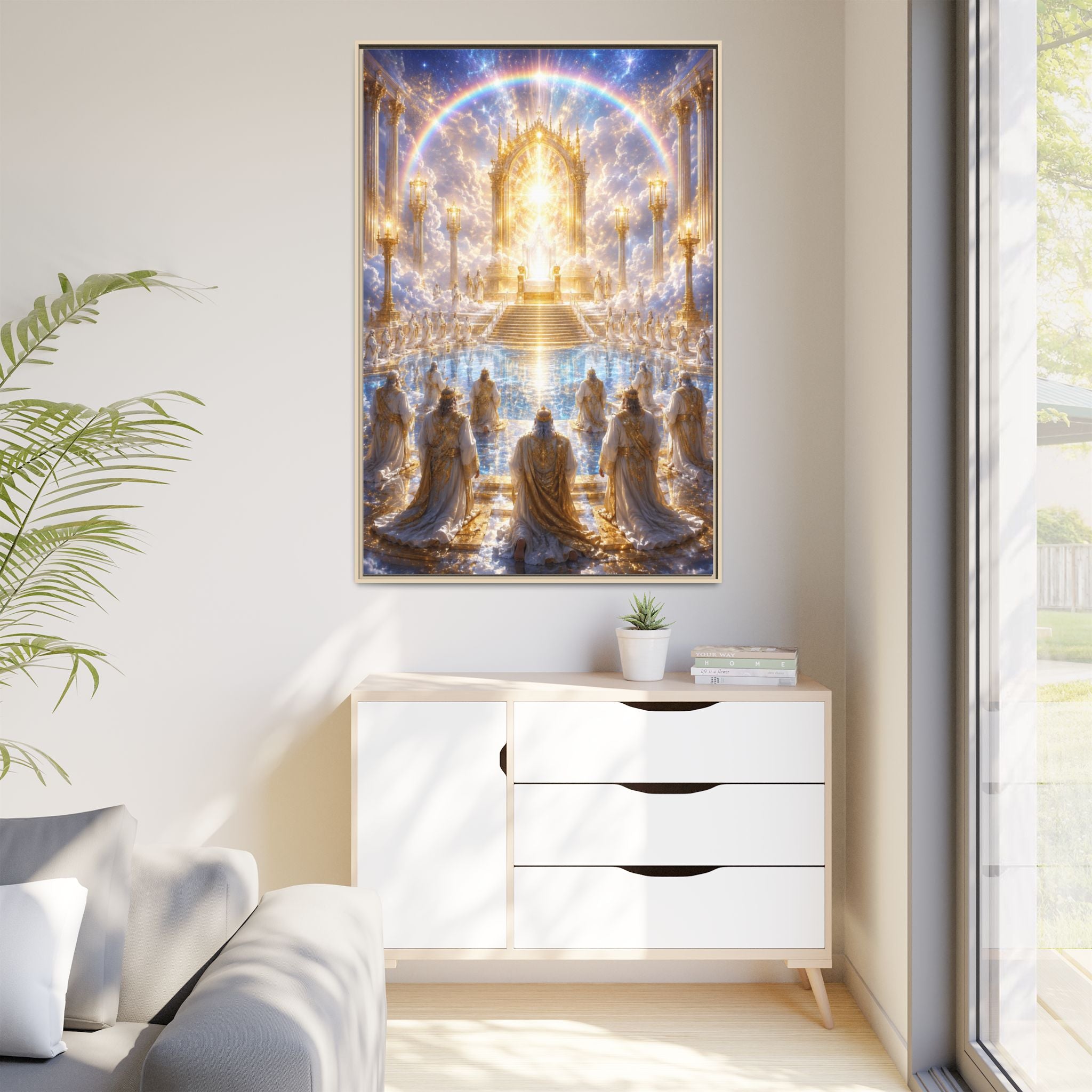 Heavenly Throne Room Matte Framed Canvas — Golden Angelic Realm Wall Art