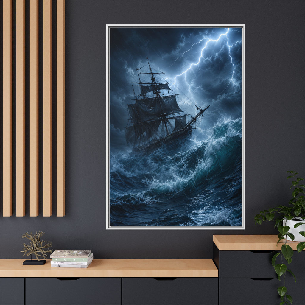 Stormy Seas Ship Painting — Framed Matte Canvas Wall Art