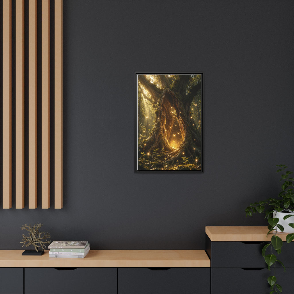 Framed Canvas Art - Enchanted Forest Tree with Glowing Fireflies