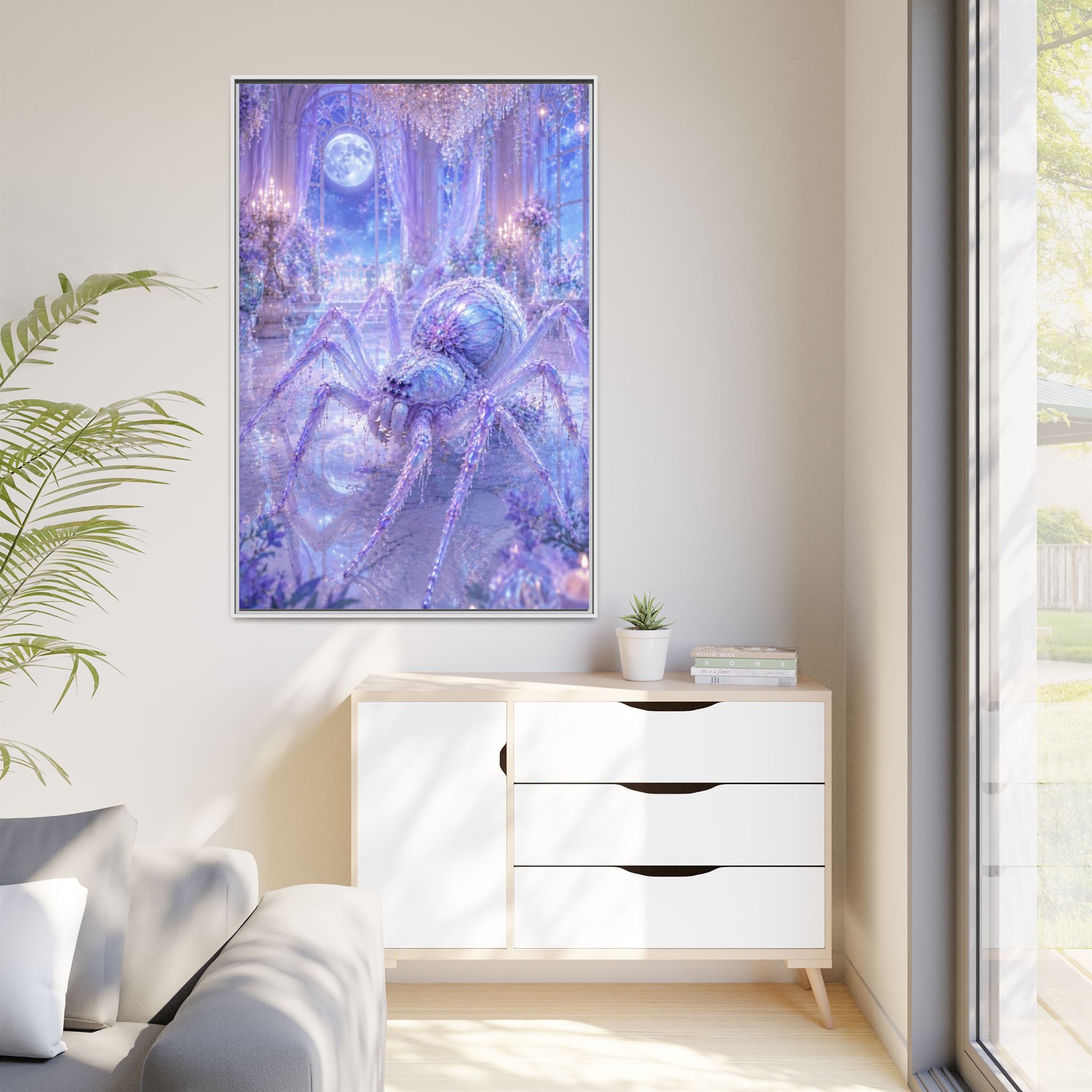 Moonlit Spider Fantasy Canvas Print — Lavender Enchanted Wall Art (Framed)