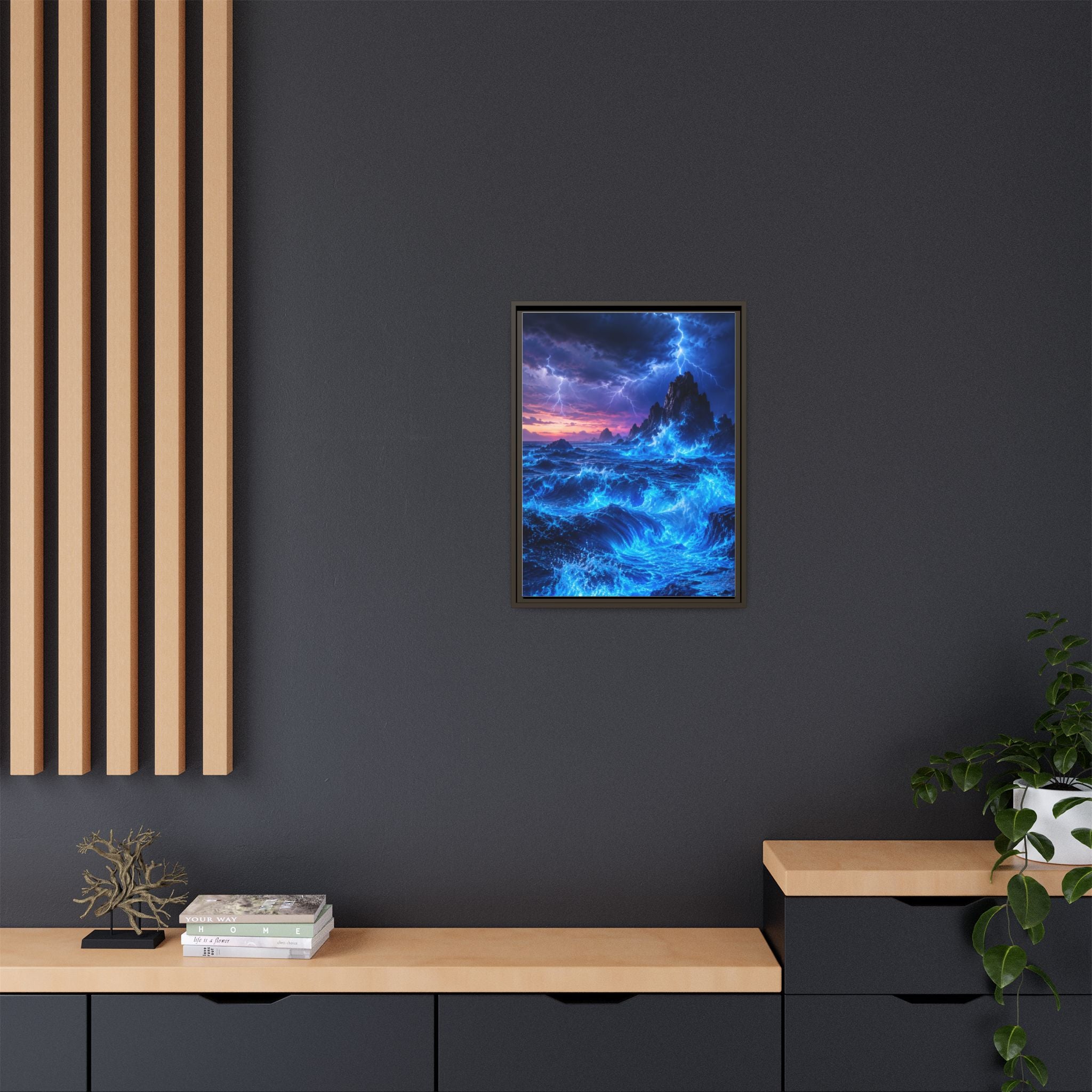 Framed Matte Canvas Art — Electric Stormy Ocean Landscape