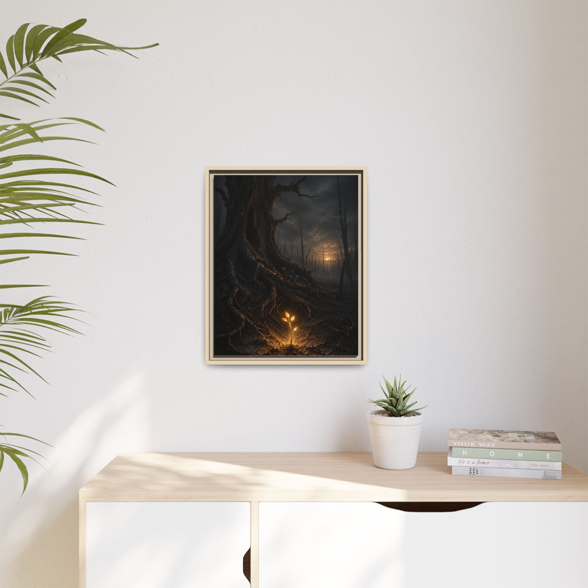 Framed Matte Canvas — Glow Sprout in Dark Forest (Ethereal Fantasy Wall Art)
