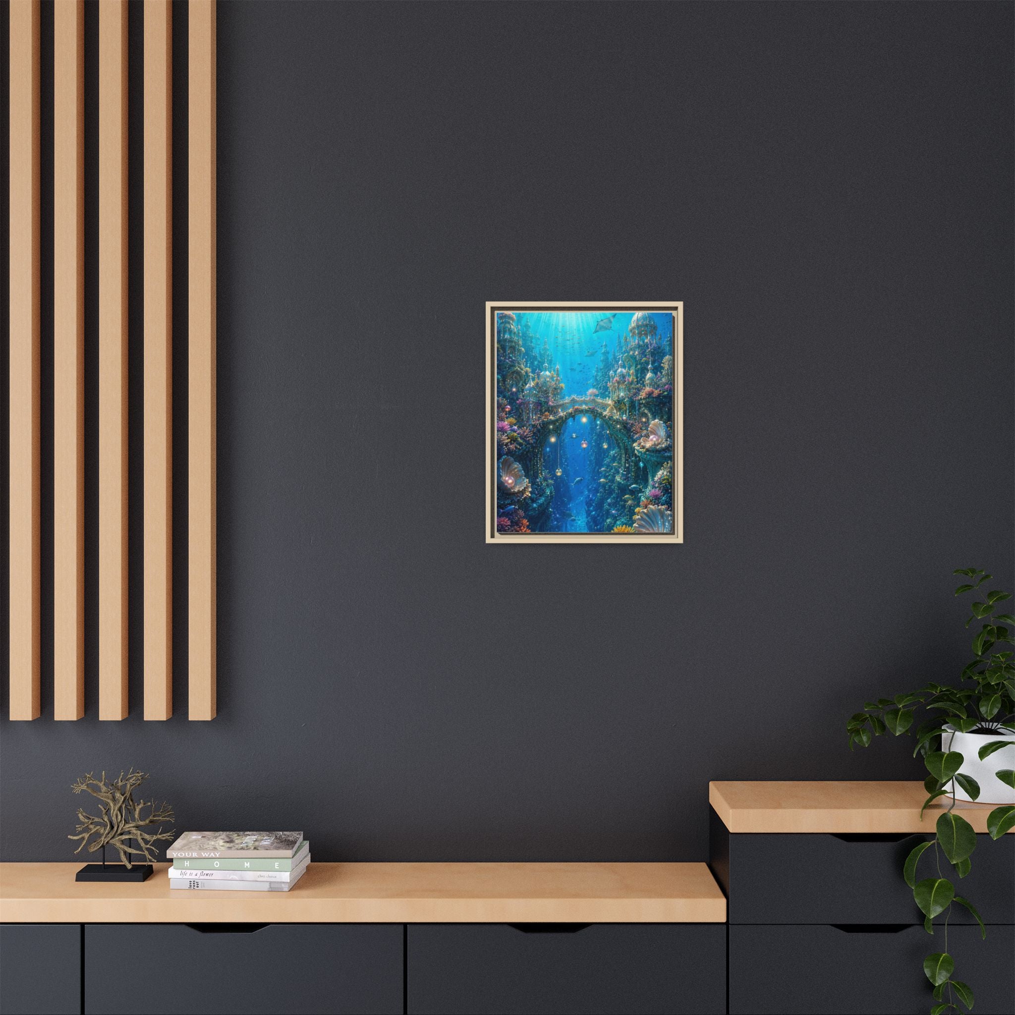 Underwater Fantasy Matte Canvas Framed Print — Ocean City Coral Reef Wall Art