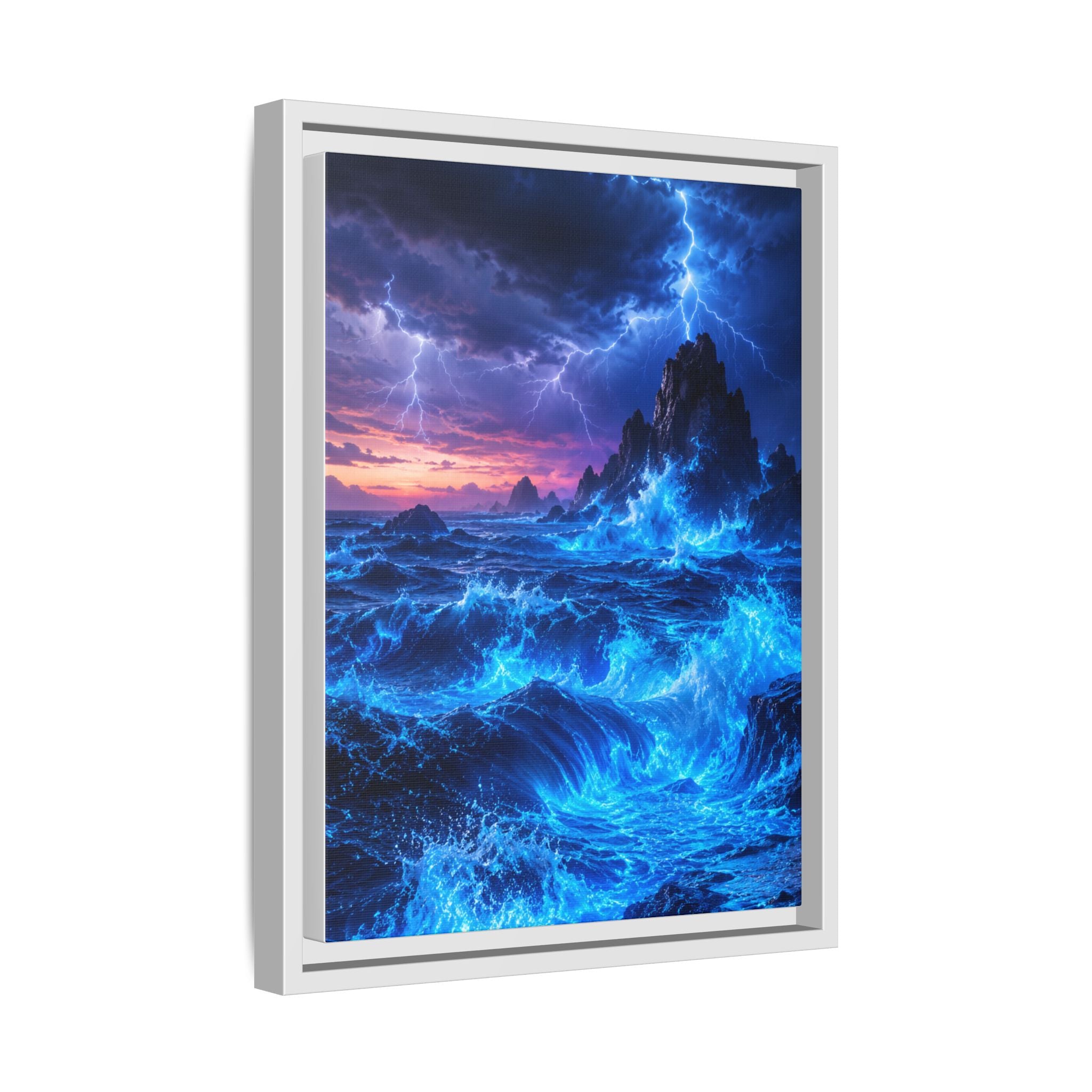 Framed Matte Canvas Art — Electric Stormy Ocean Landscape
