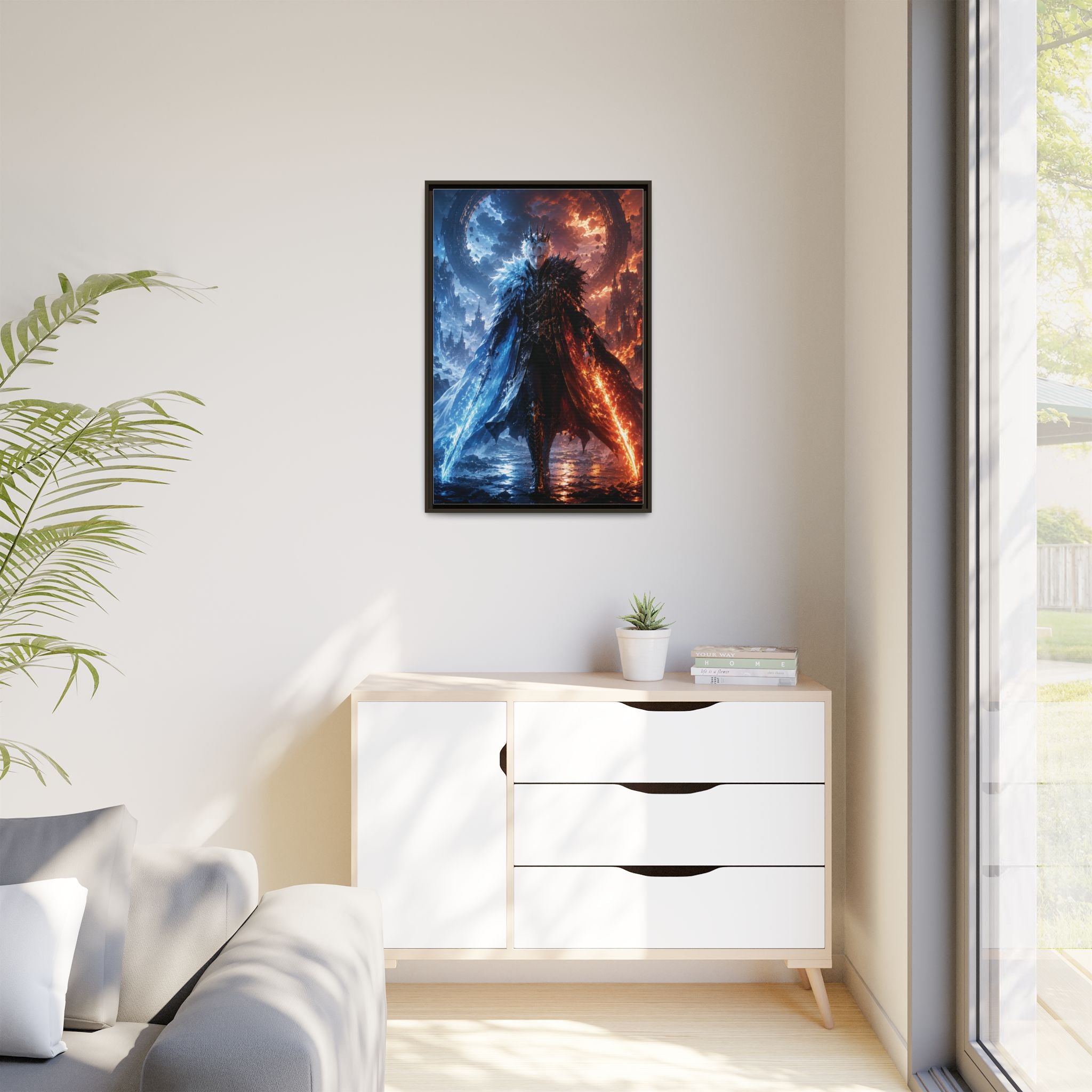Framed Fantasy Canvas Print — Ice vs Fire Dark Knight Wall Art