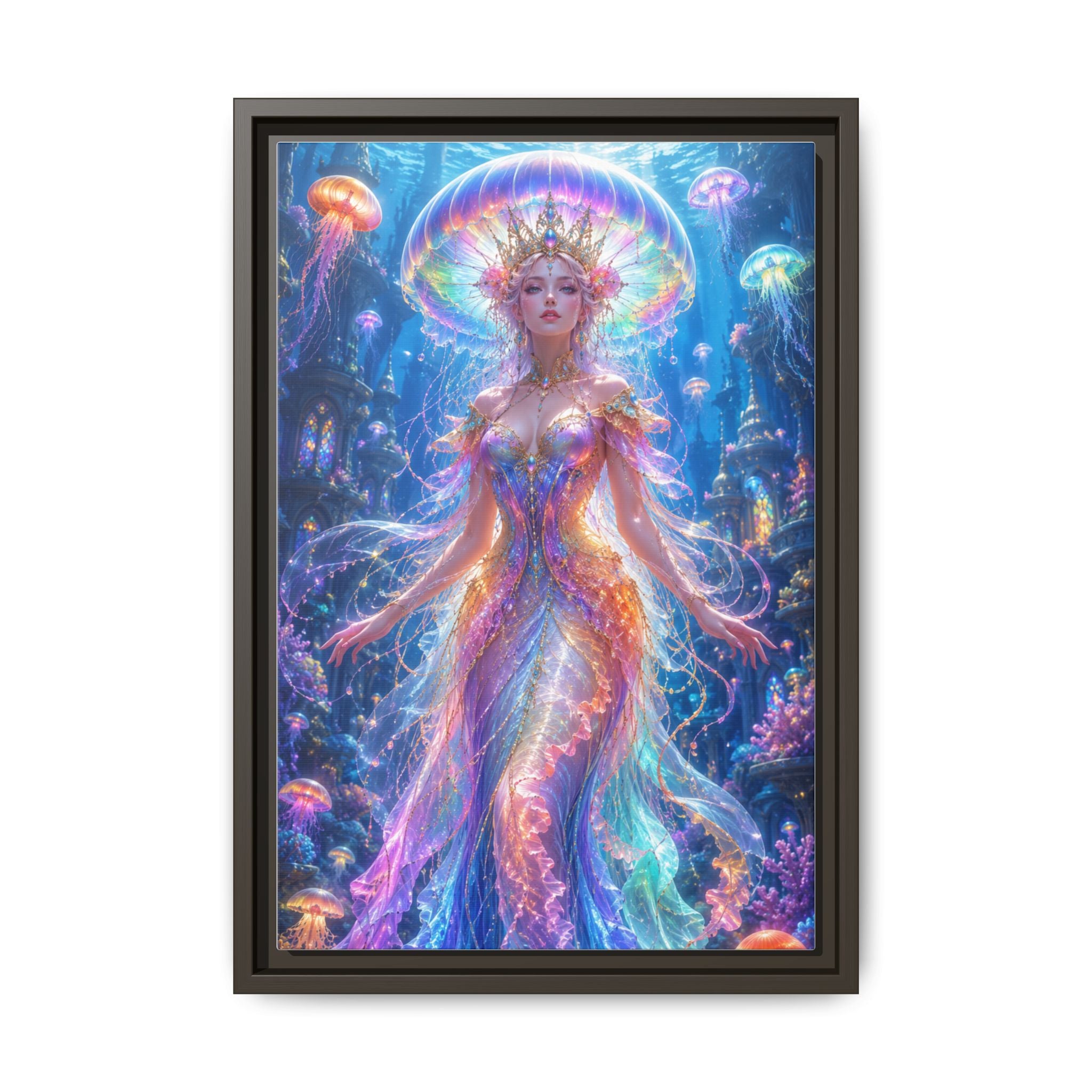 Jellyfish Queen Framed Canvas Art — Vibrant Mermaid Goddess Wall Print