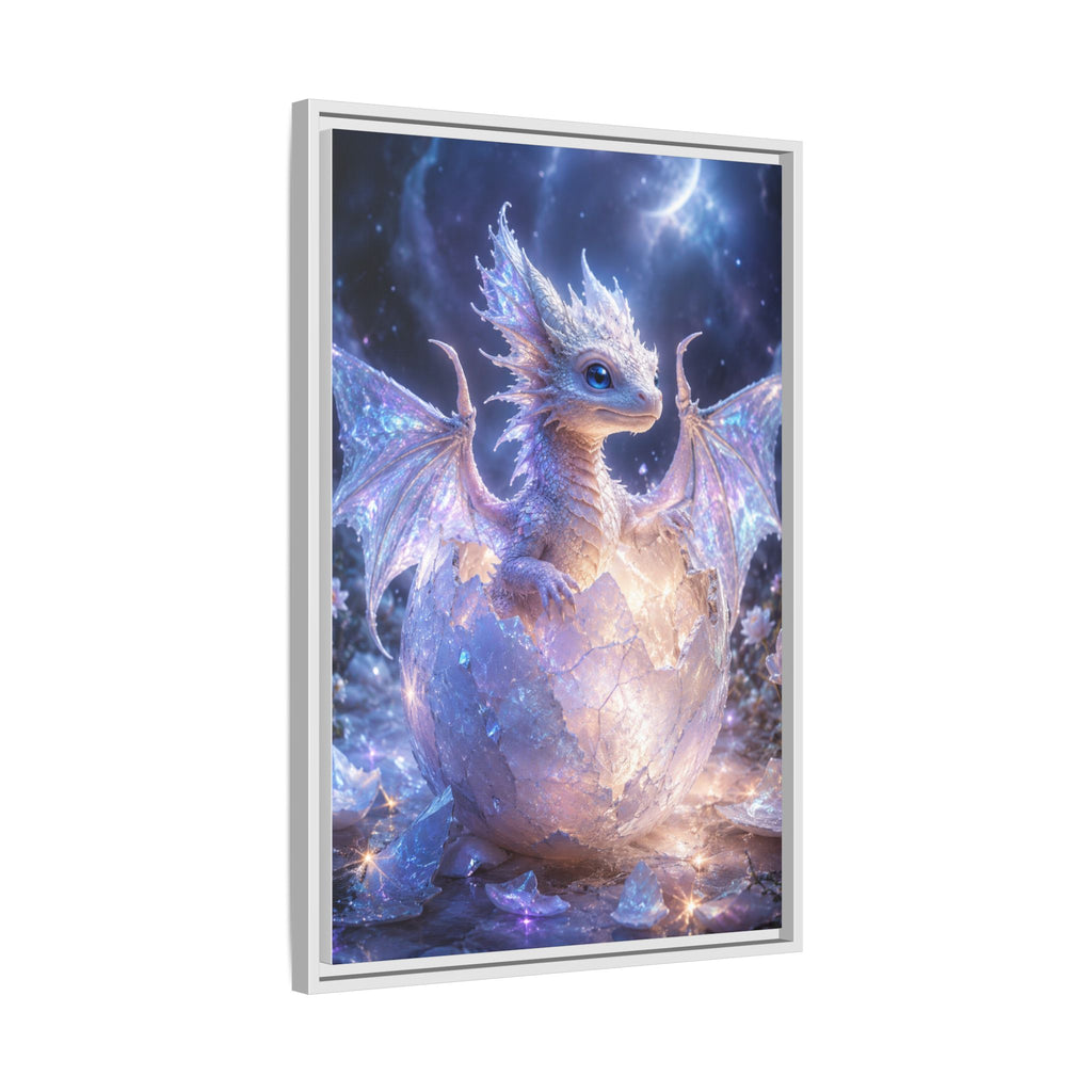 Framed Fantasy Dragon Canvas Print — Mystical Baby Dragon in Cracked Egg Wall Art