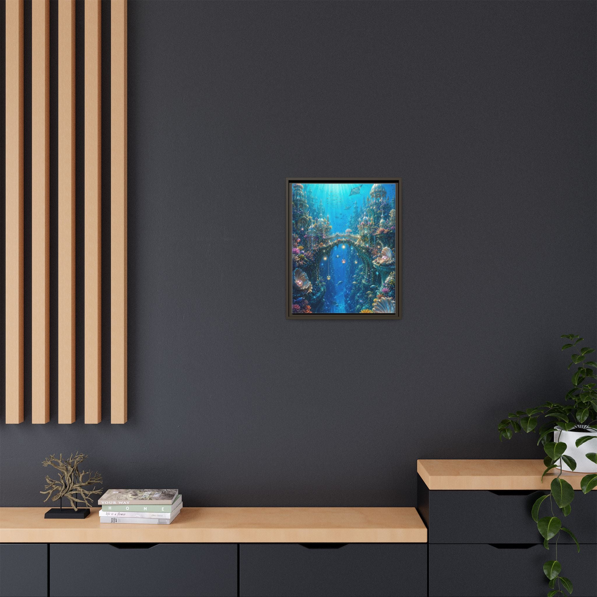 Underwater Fantasy Matte Canvas Framed Print — Ocean City Coral Reef Wall Art