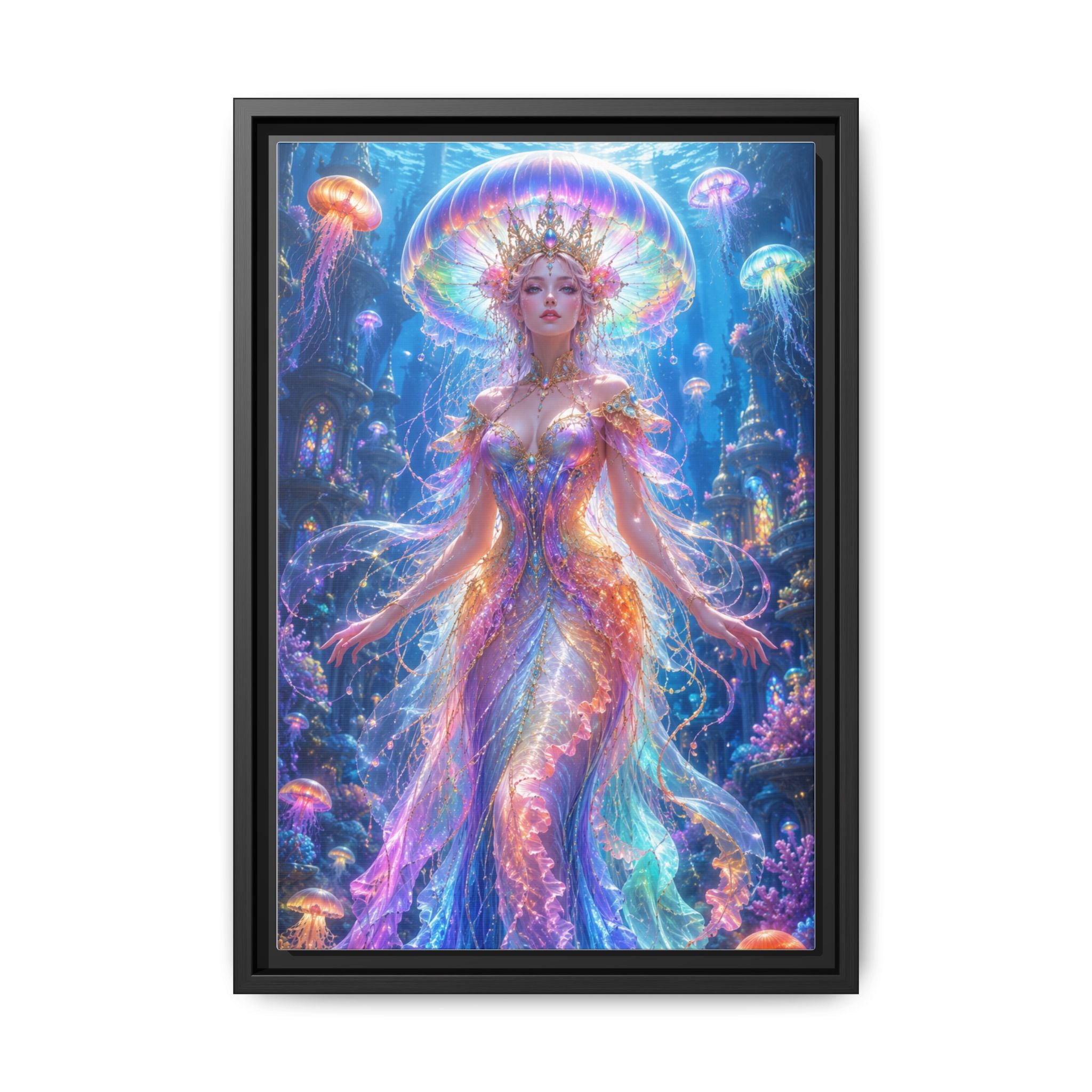 Jellyfish Queen Framed Canvas Art — Vibrant Mermaid Goddess Wall Print