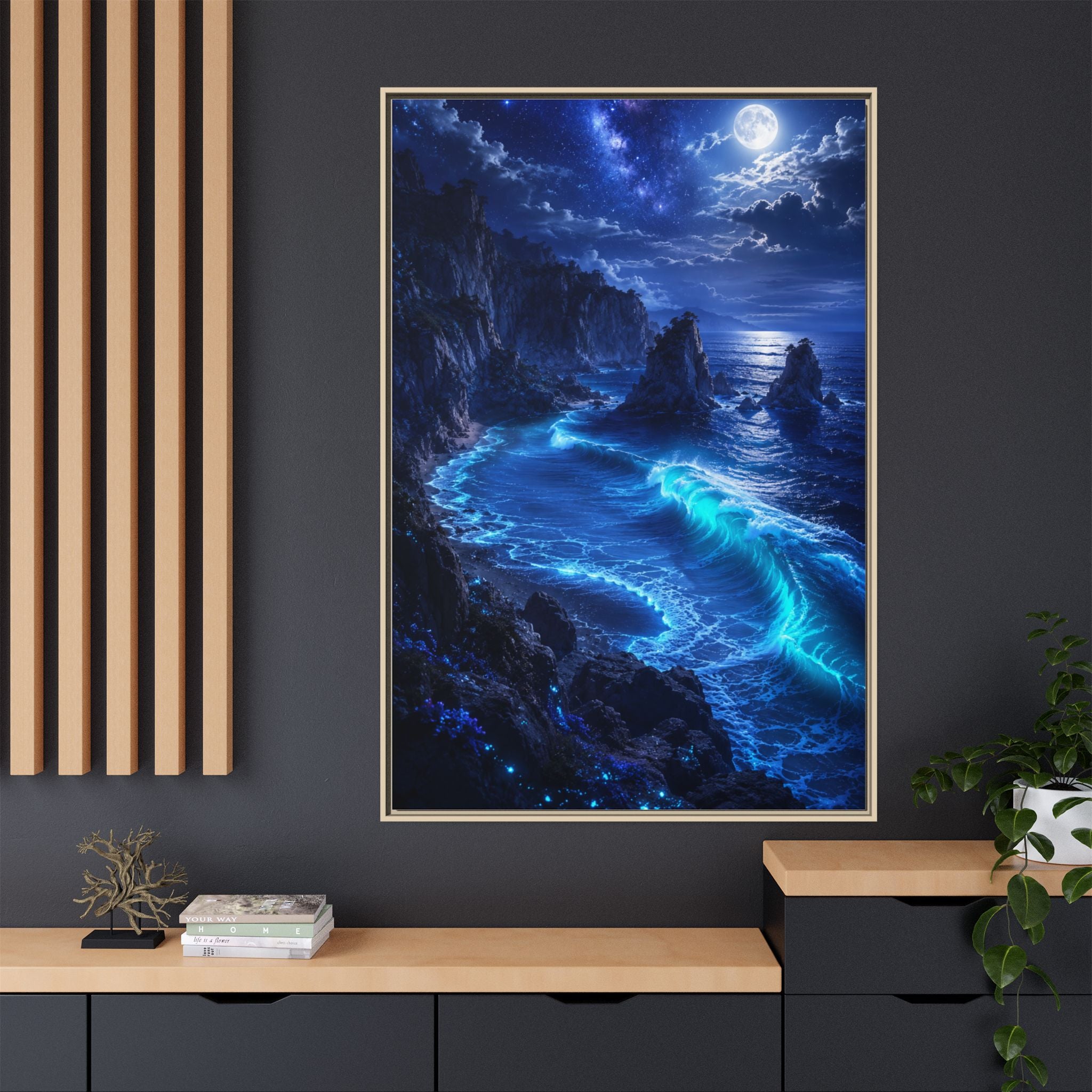 Framed Matte Canvas: Luminous Moonlit Ocean Art Print