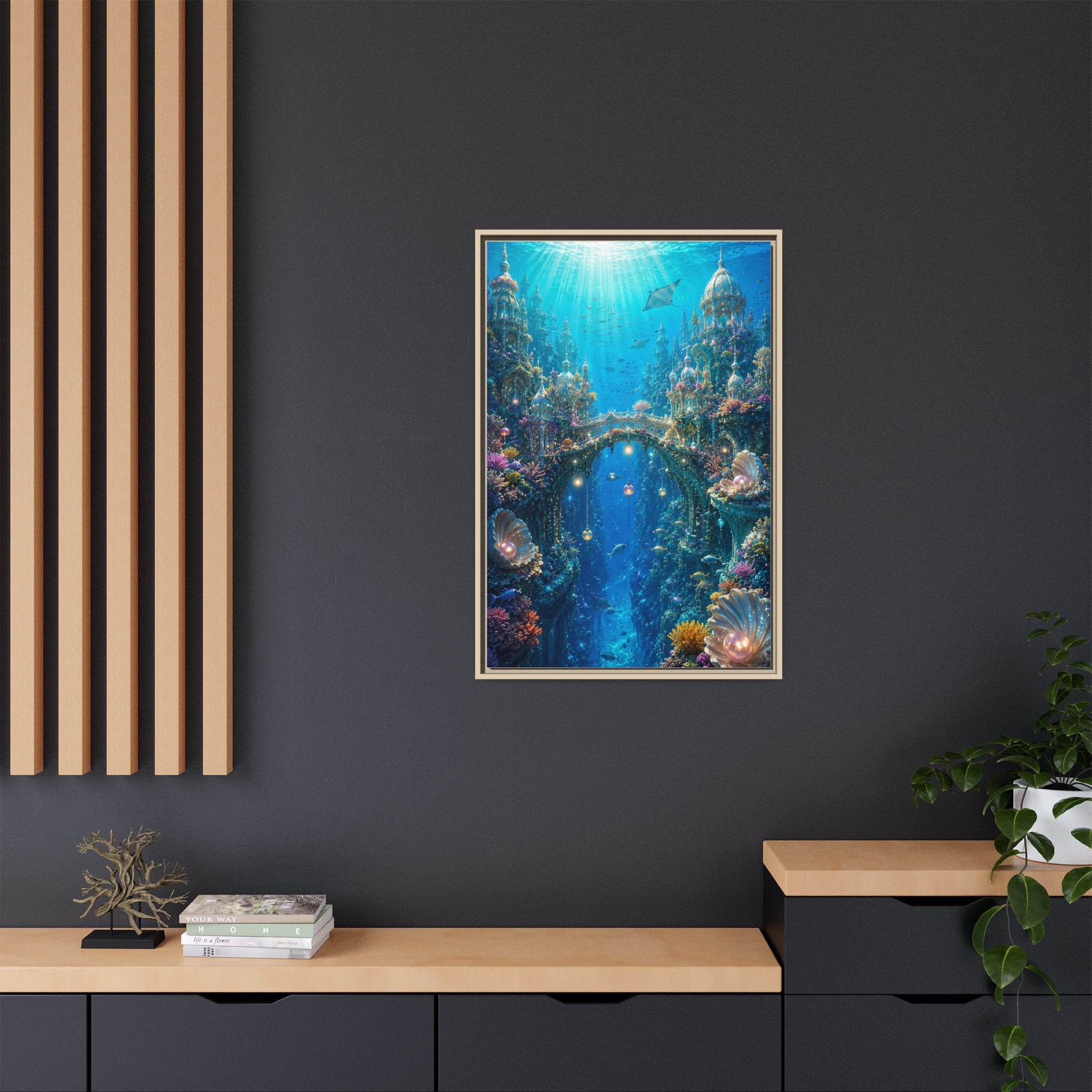 Underwater Fantasy Matte Canvas Framed Print — Ocean City Coral Reef Wall Art