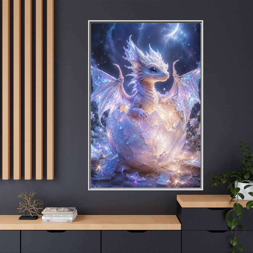 Framed Fantasy Dragon Canvas Print — Mystical Baby Dragon in Cracked Egg Wall Art