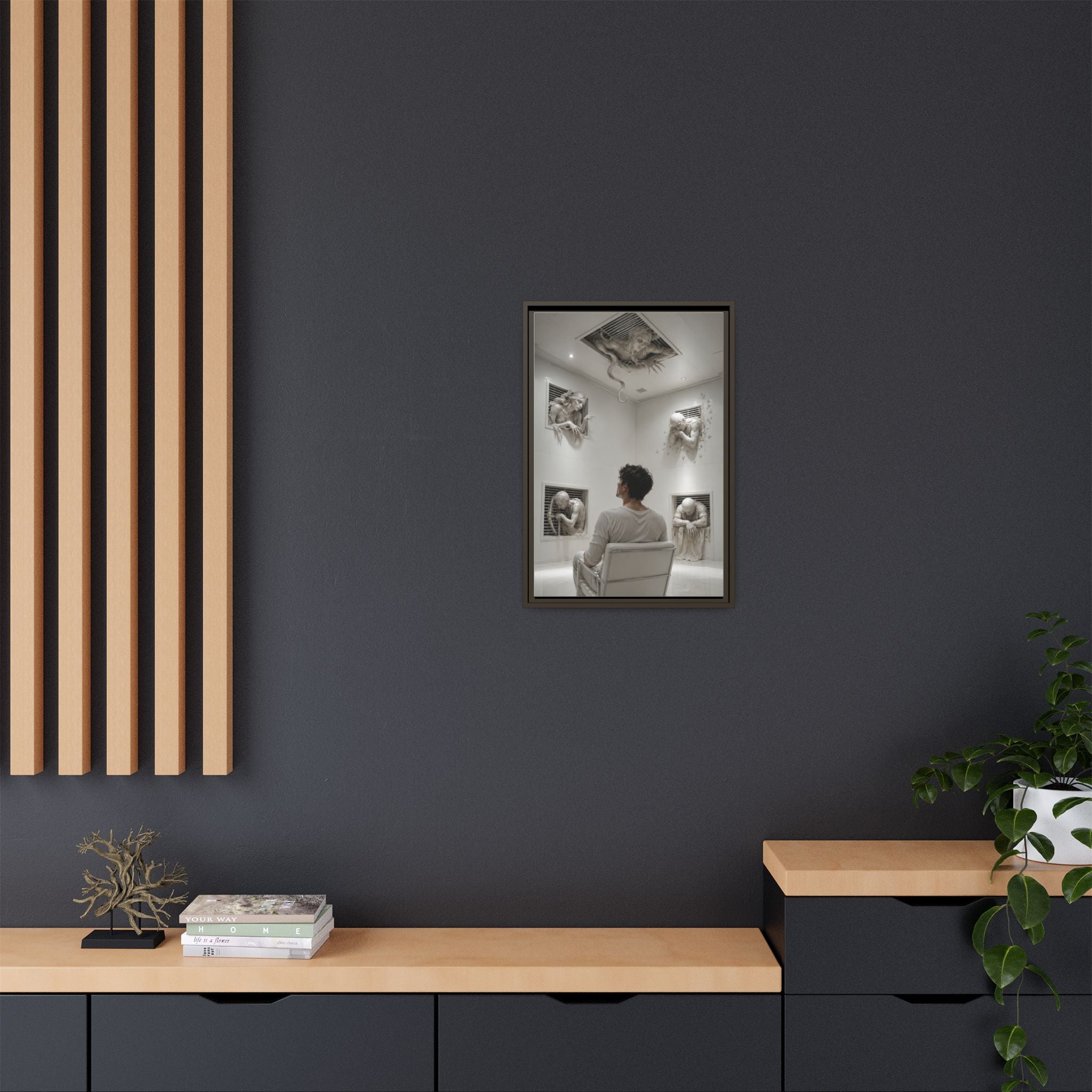 Surreal Wall Art Canvas — Man in Gallery with Sculpted Figures, Framed Matte Print