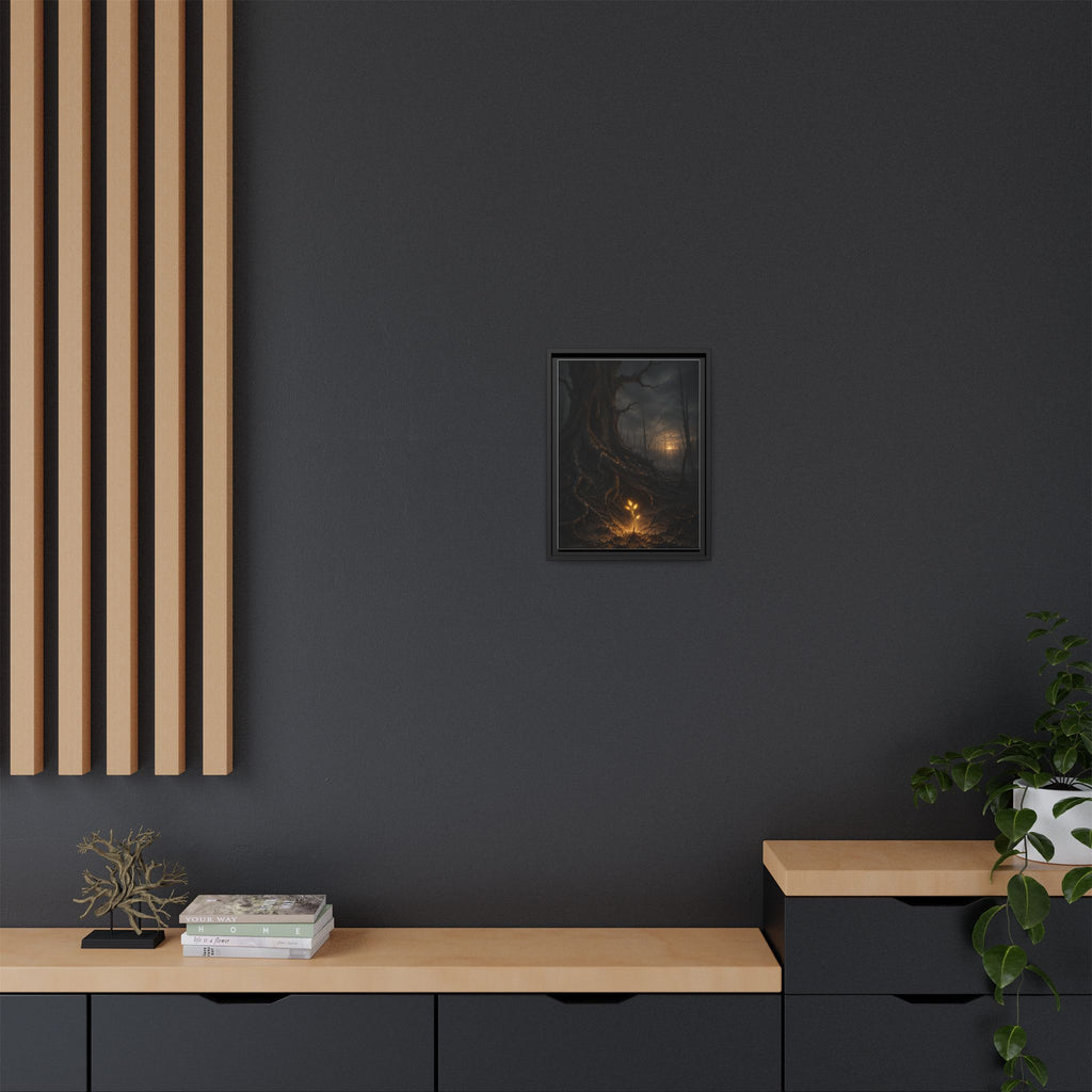 Framed Matte Canvas — Glow Sprout in Dark Forest (Ethereal Fantasy Wall Art)