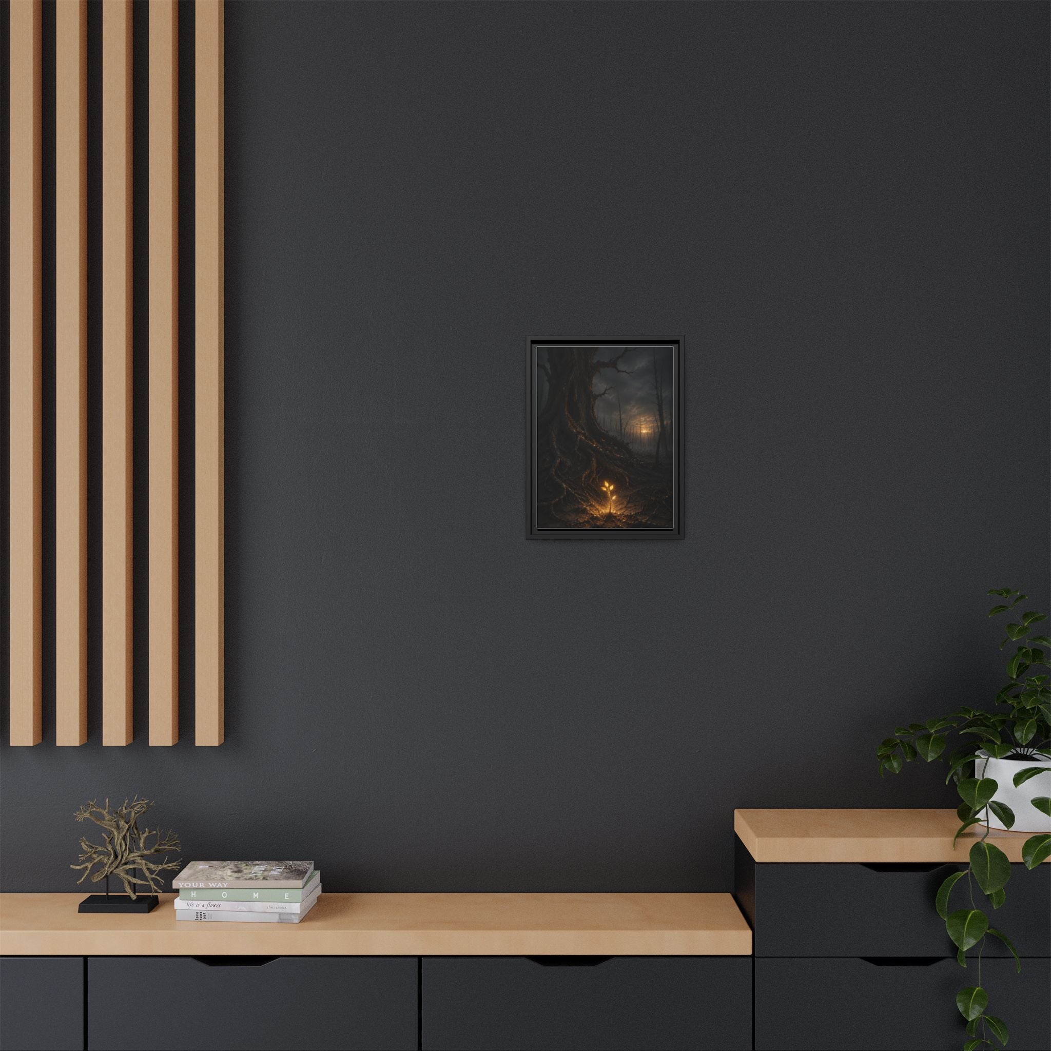 Framed Matte Canvas — Glow Sprout in Dark Forest (Ethereal Fantasy Wall Art)
