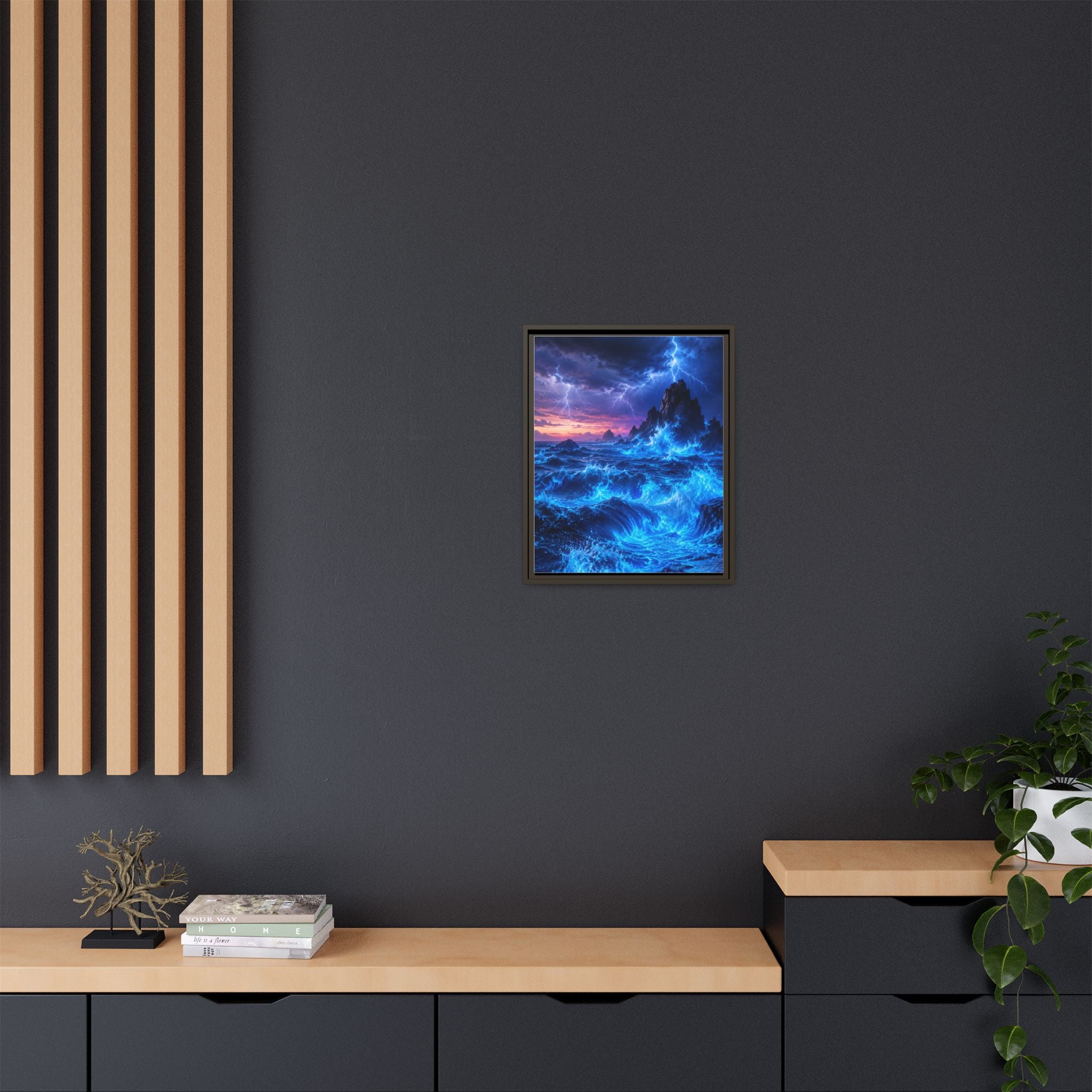 Framed Matte Canvas Art — Electric Stormy Ocean Landscape